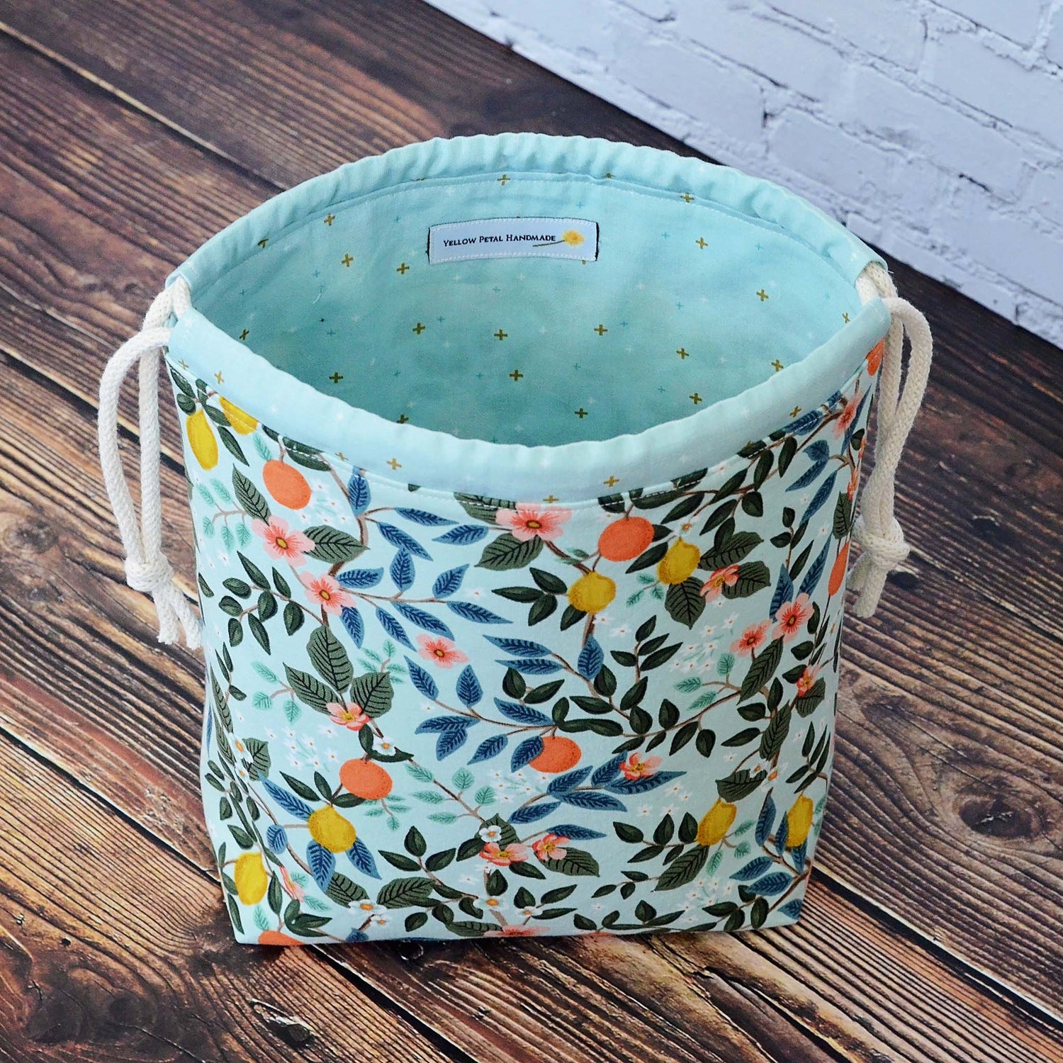 Pretty aqua citrus and floral project bag in Rifle Paper co's Bramble fabric collection.  Made in Canada by Yellow Petal Handmade.