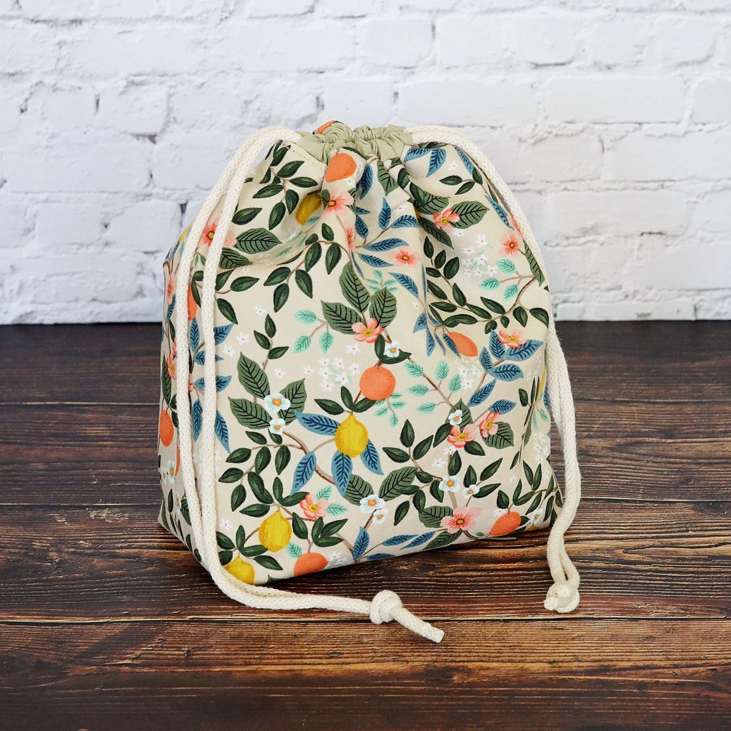 Beige floral and citrus project bag in Rifle Paper Co. Bramble Fabric.  Made in Canada.