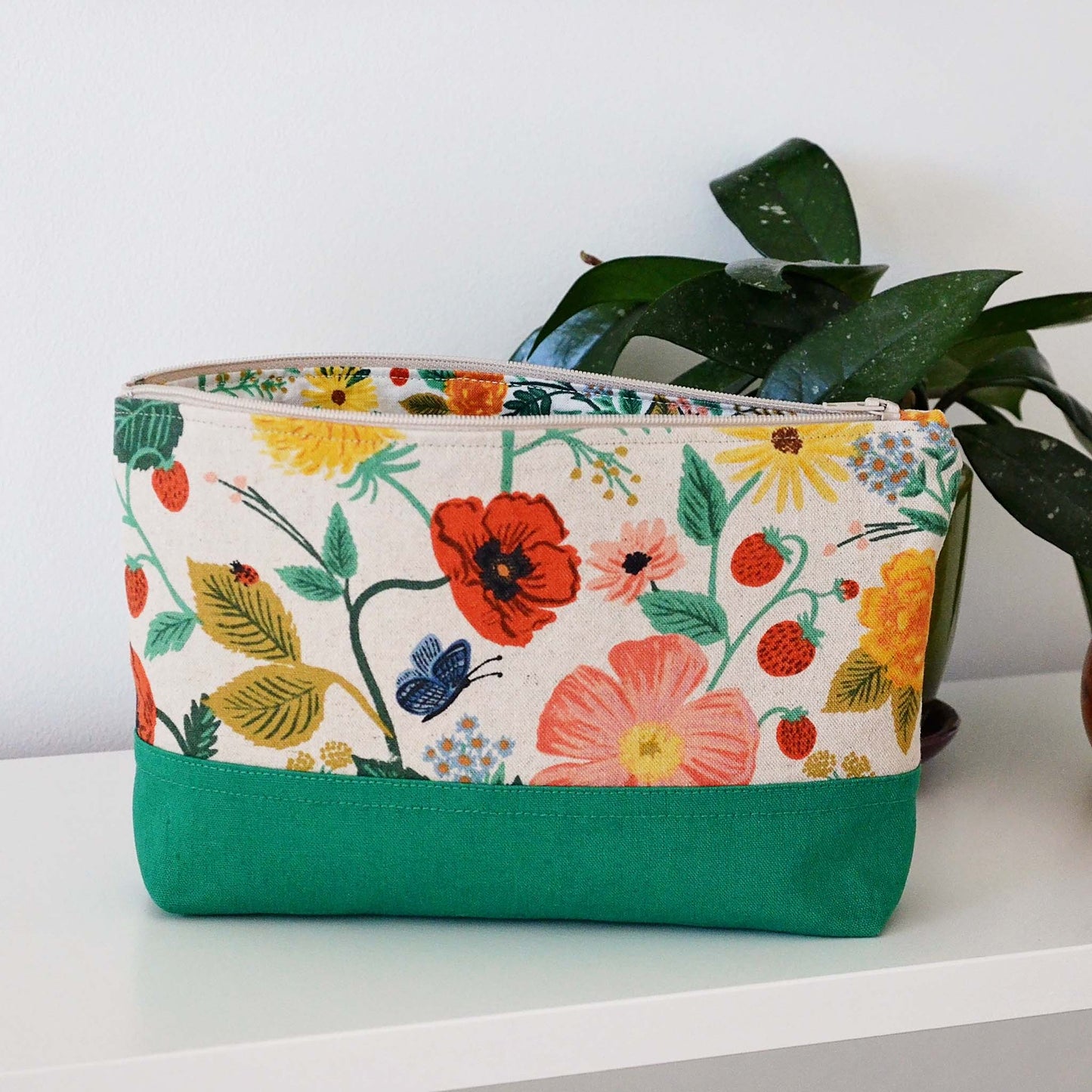 Floral and green canvas and linen accessory pouch in Camont fabrics by Rifle Paper Co.  Made in Canada by Yellow Petal Handmade.