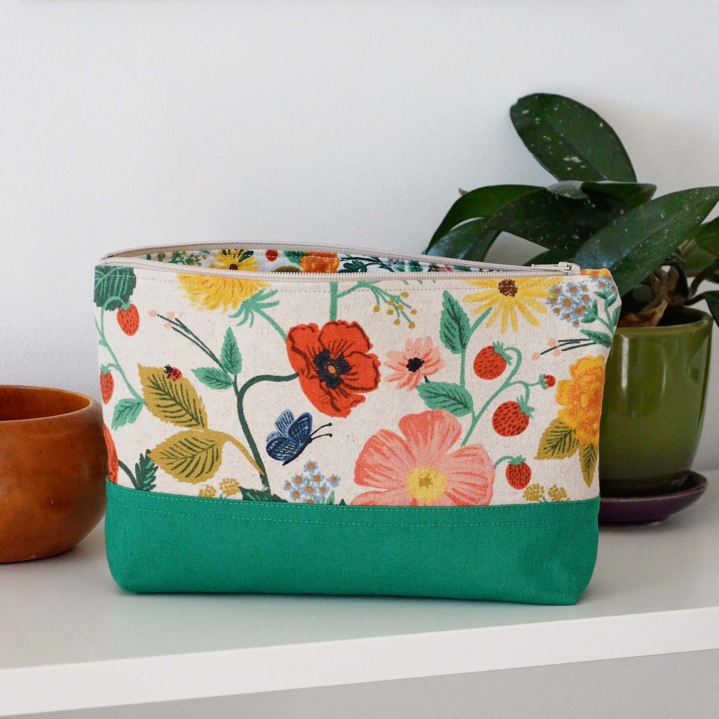 Floral and green canvas and linen accessory pouch in Camont fabrics by Rifle Paper Co.  Made in Canada by Yellow Petal Handmade.