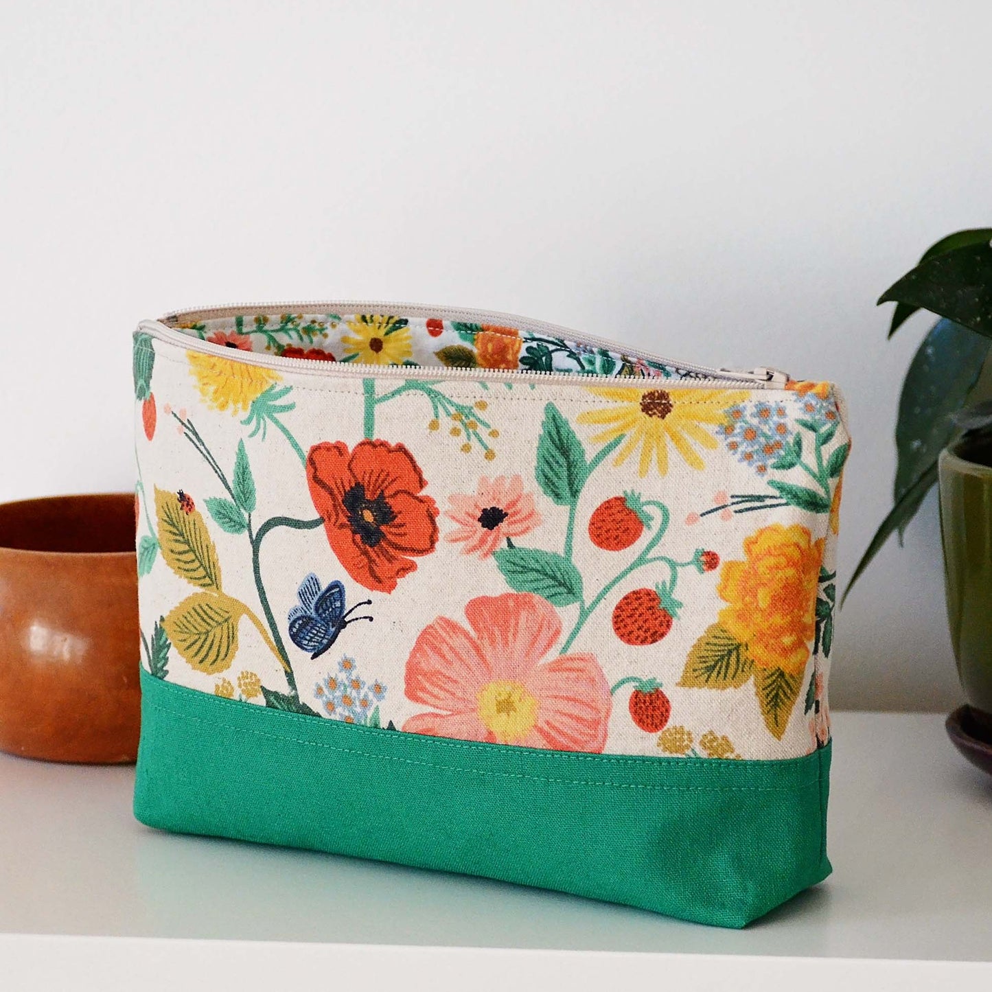 Floral and green canvas and linen accessory pouch in Camont fabrics by Rifle Paper Co.  Made in Canada by Yellow Petal Handmade.