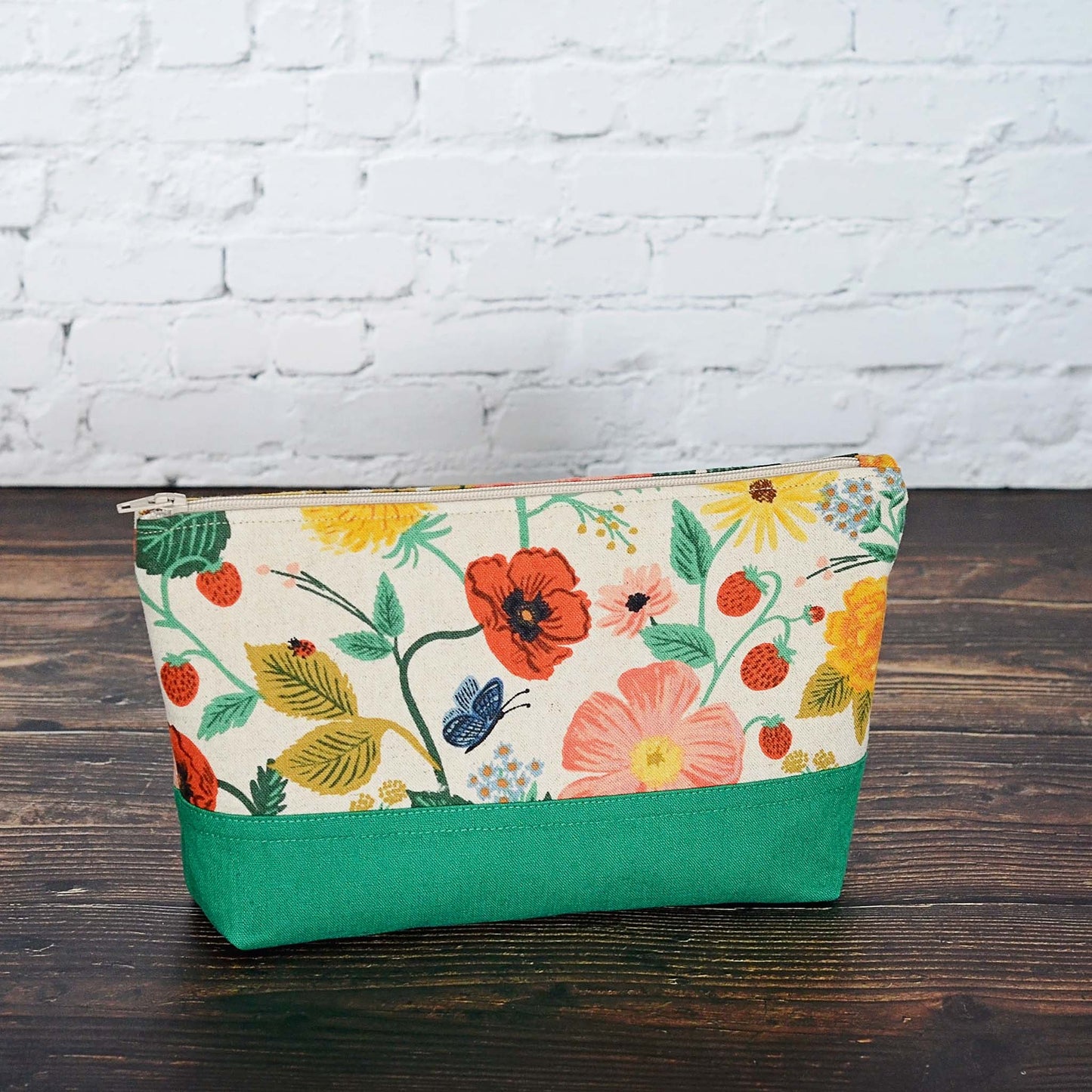 Floral and green canvas and linen accessory pouch in Camont fabrics by Rifle Paper Co.  Made in Canada by Yellow Petal Handmade.