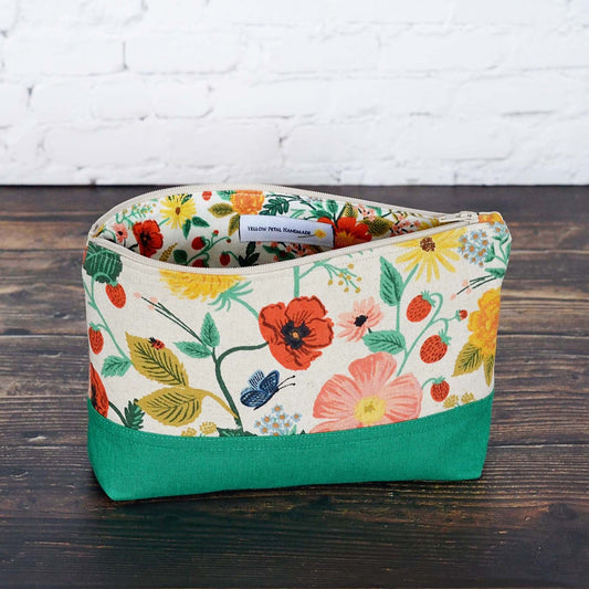 Canvas and linen pouch in Rifle Paper co fabric with poppies.  Handmade in Canada by Yellow Petal Handmade.