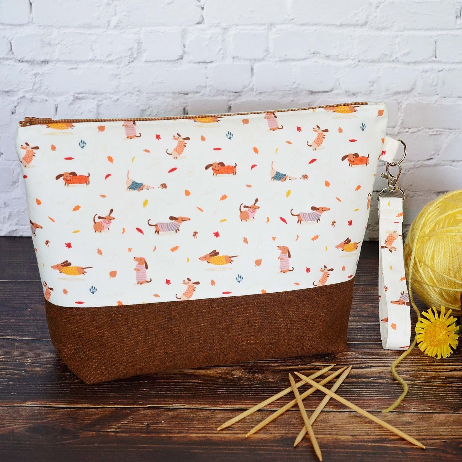 Fall themed knitting project bag with cute dogs and leaves.  Handmade in Nova Scotia, Canada by Yellow Petal Handmade.