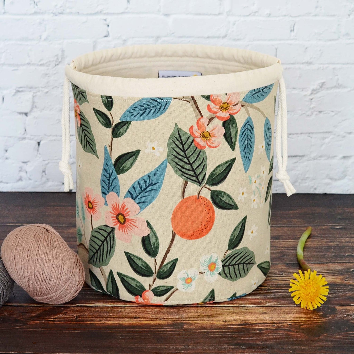 Canvas bucket bag with pockets in Rifle Paper Co. Canvas.  Handmade in Canada by Yellow Petal Handmade.
