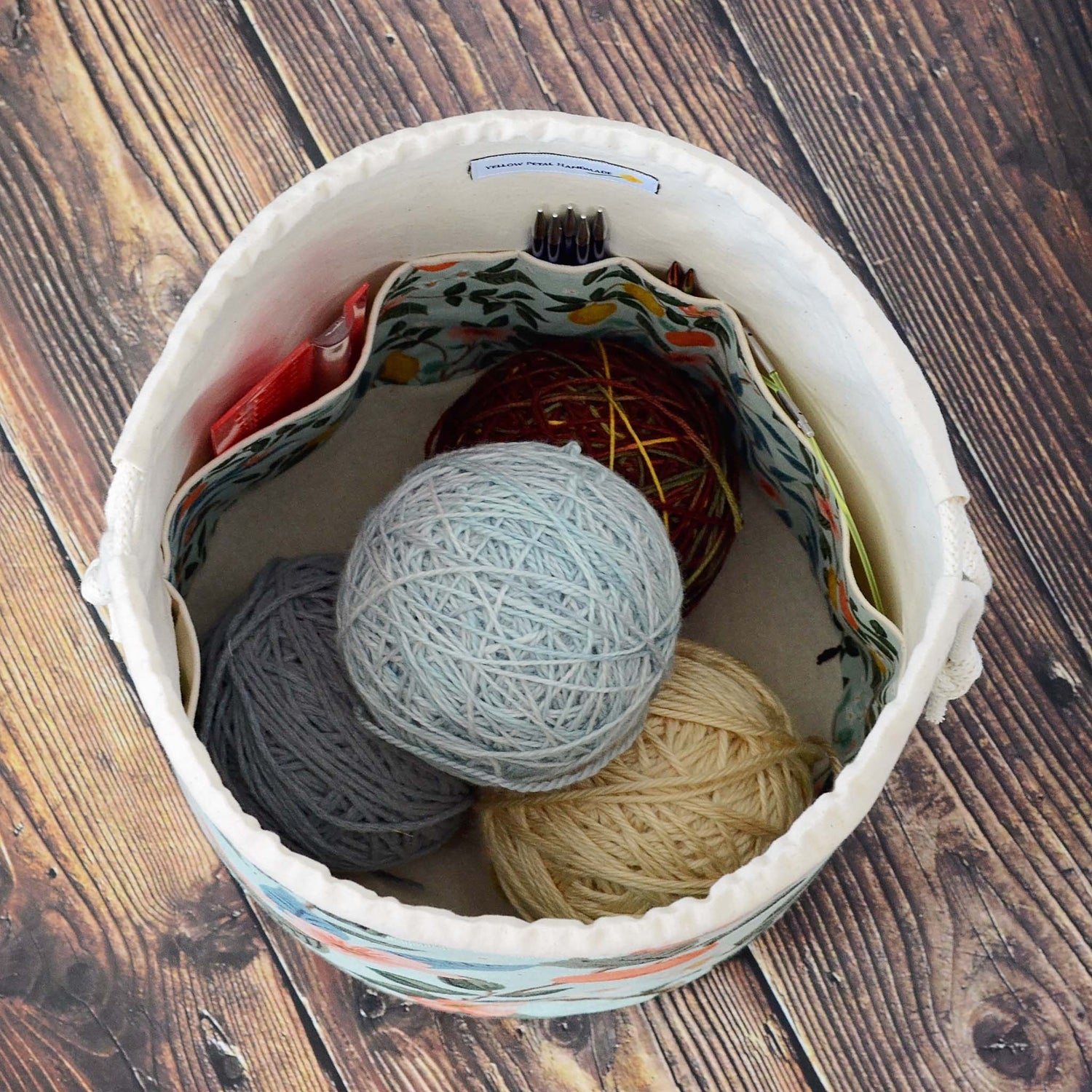 Bucket style project bag in Bramble collection canvas from Rifle Paper Co.  Handmade in Canada by Yellow Petal Handmade.