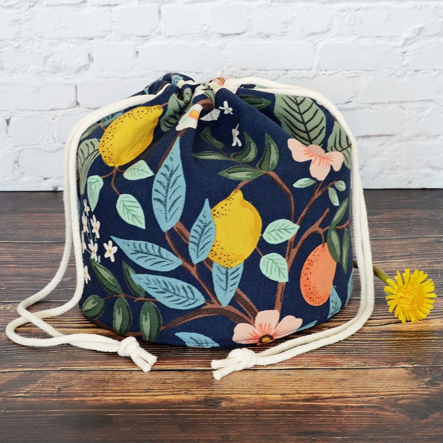 Navy citrus bucket bag for knitting or crochet.  Made from Bramble canvas by Rifle Paper Co.  Handmade in Canada by Yellow Petal Handmade.