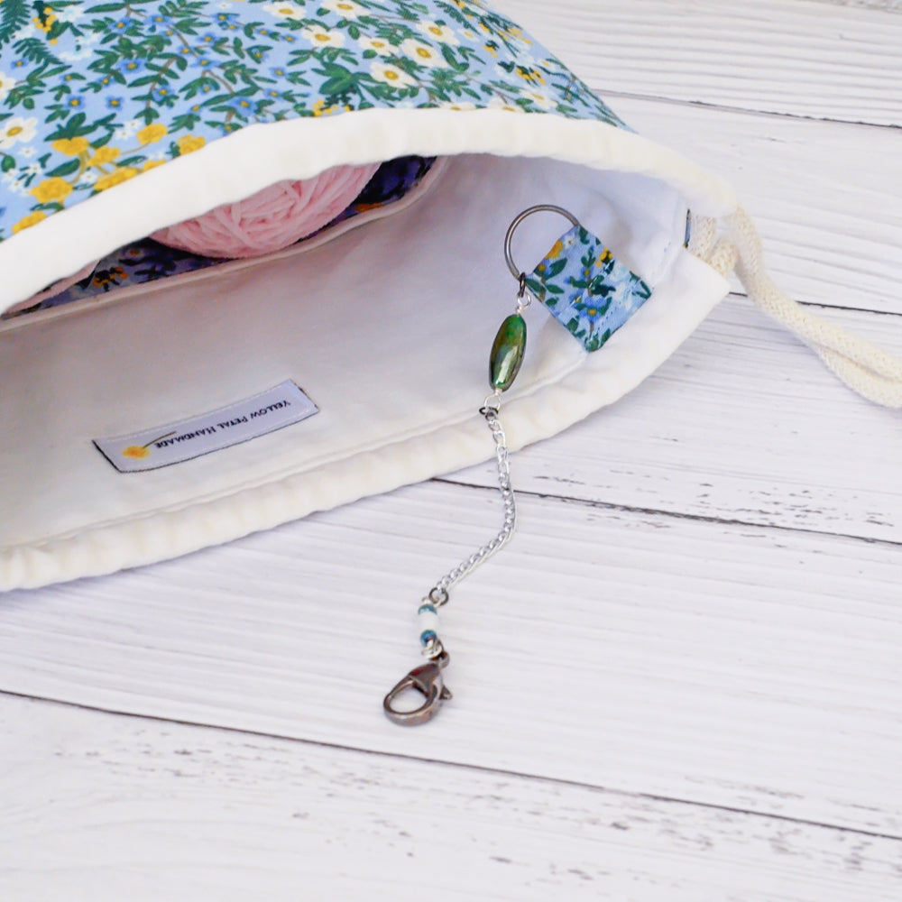 Blue floral small project bag with scissor chain in Rifle Paper Co. Fabric. Handmade in Nova Scotia, Canada.