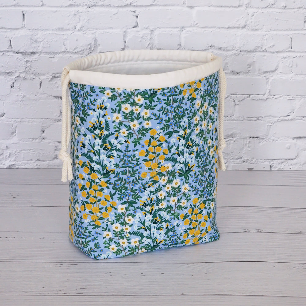 Blue floral small project bag with scissor chain in Rifle Paper Co. Fabric. Handmade in Nova Scotia, Canada.