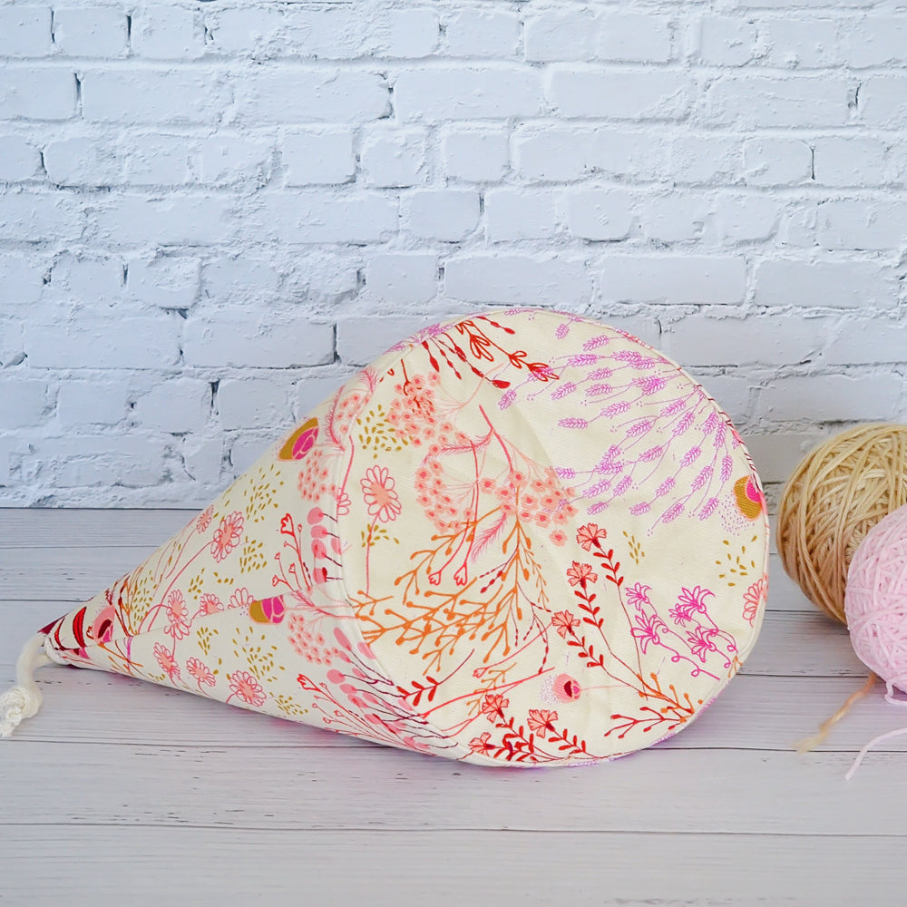 Floral canvas bucket style knitting bag with scissor chain.  Made in Nova Scotia, Canada.