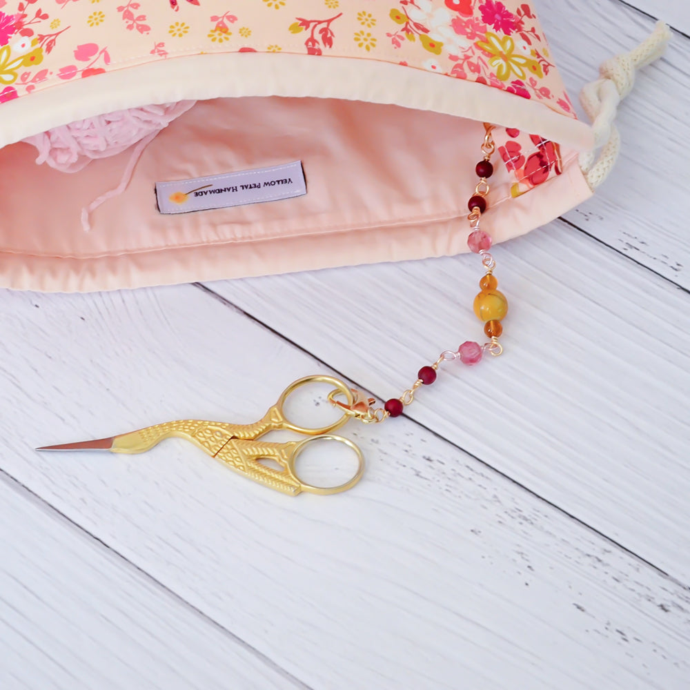 Pretty pink and cream floral knitting bag with scissor chain.  Handmade in Nova Scotia, Canada.