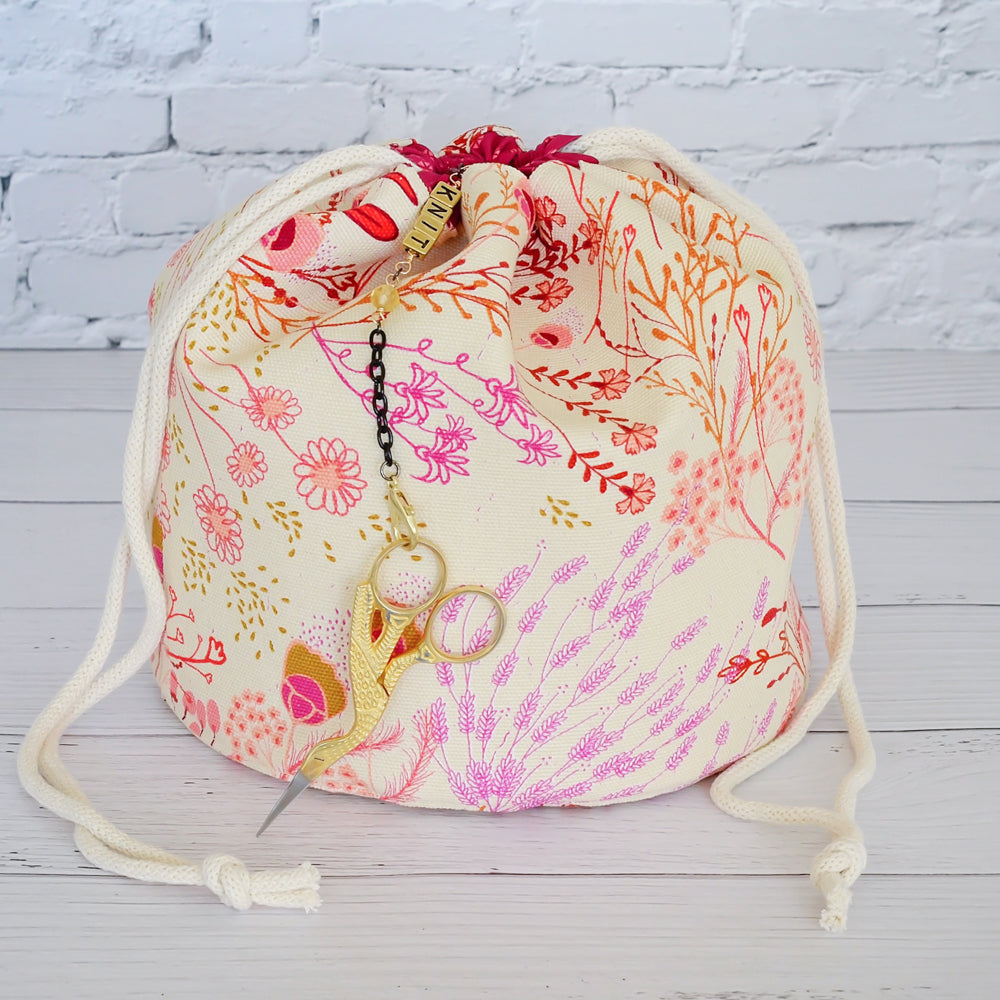Floral canvas bucket style knitting bag with scissor chain.  Made in Nova Scotia, Canada.