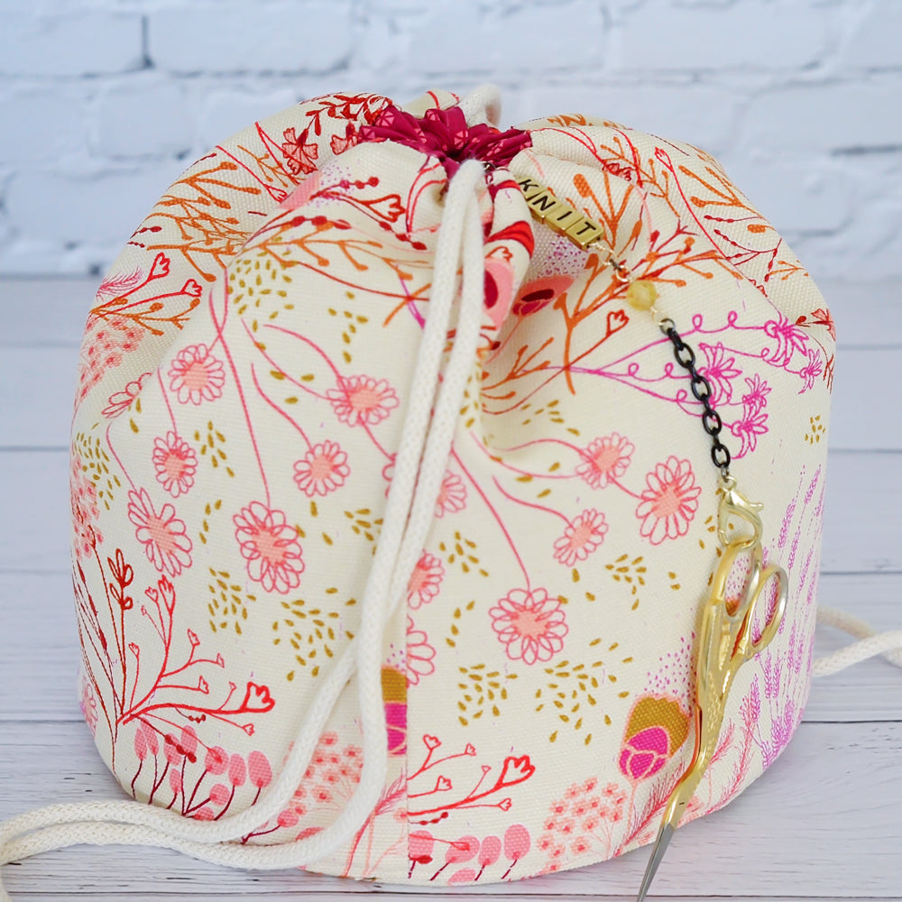 Floral canvas bucket style knitting bag with scissor chain.  Made in Nova Scotia, Canada.