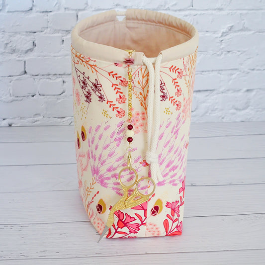 Pretty pink and cream floral knitting bag with scissor chain.  Handmade in Nova Scotia, Canada.