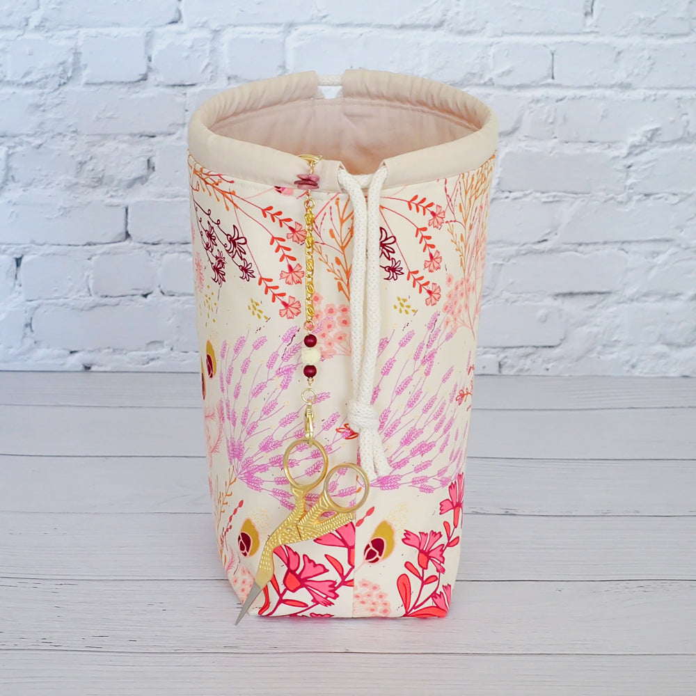 Pretty pink and cream floral knitting bag with scissor chain.  Handmade in Nova Scotia, Canada.