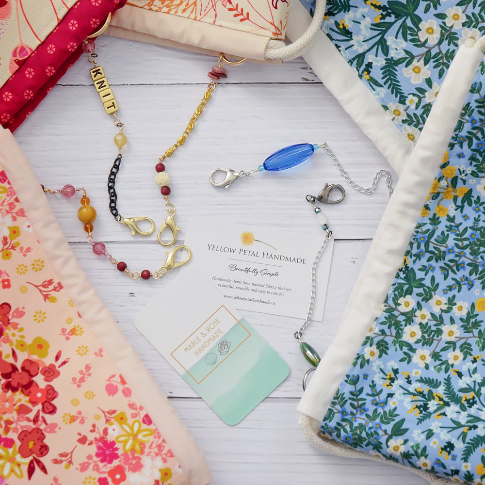 Floral canvas bucket style knitting bag with scissor chain.  Made in Nova Scotia, Canada.