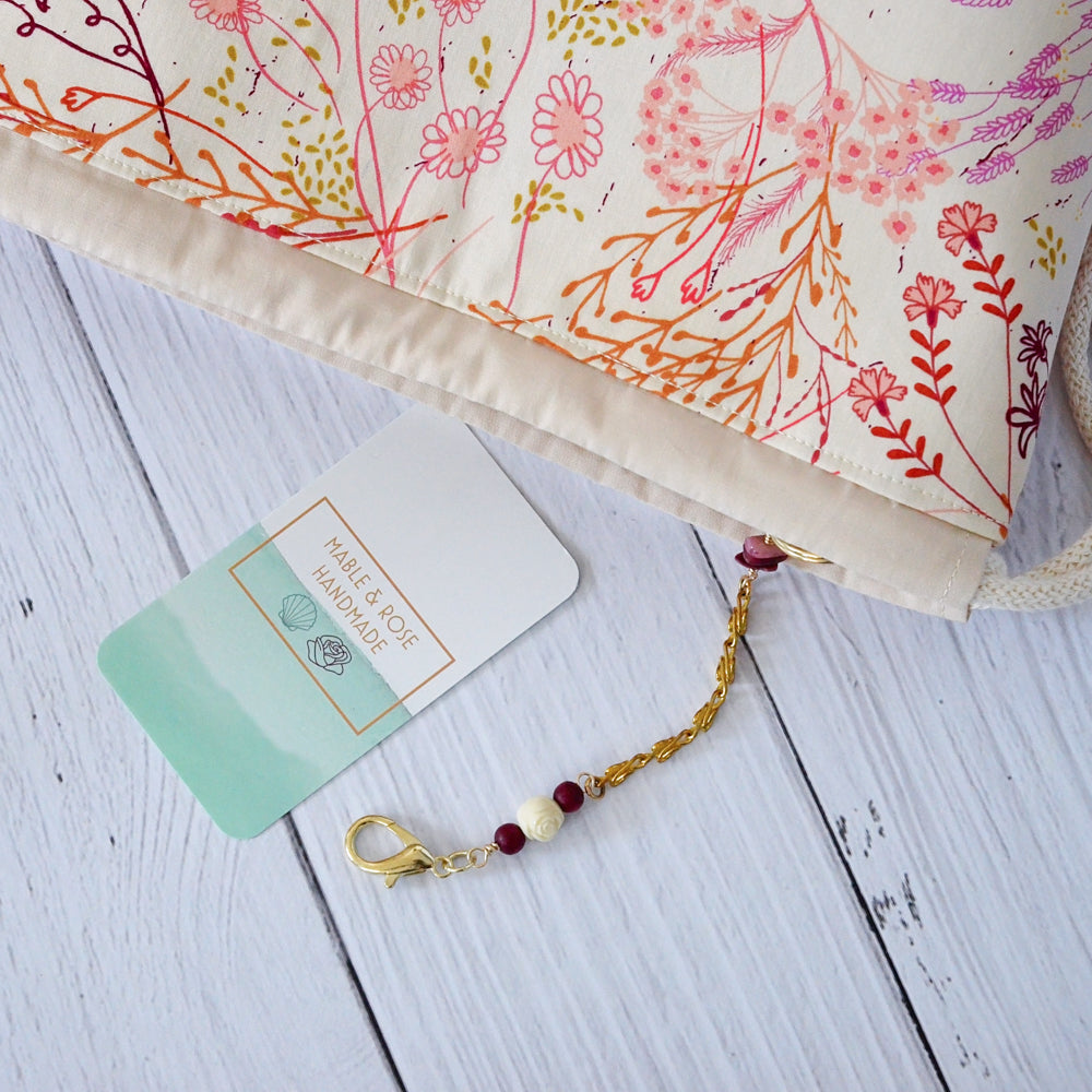 Pretty pink and cream floral knitting bag with scissor chain.  Handmade in Nova Scotia, Canada.