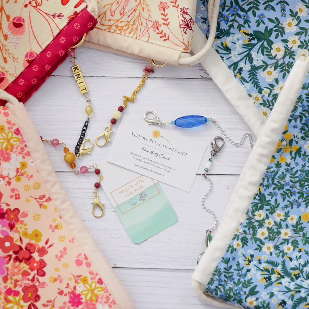 Blue floral small project bag with scissor chain in Rifle Paper Co. Fabric. Handmade in Nova Scotia, Canada.