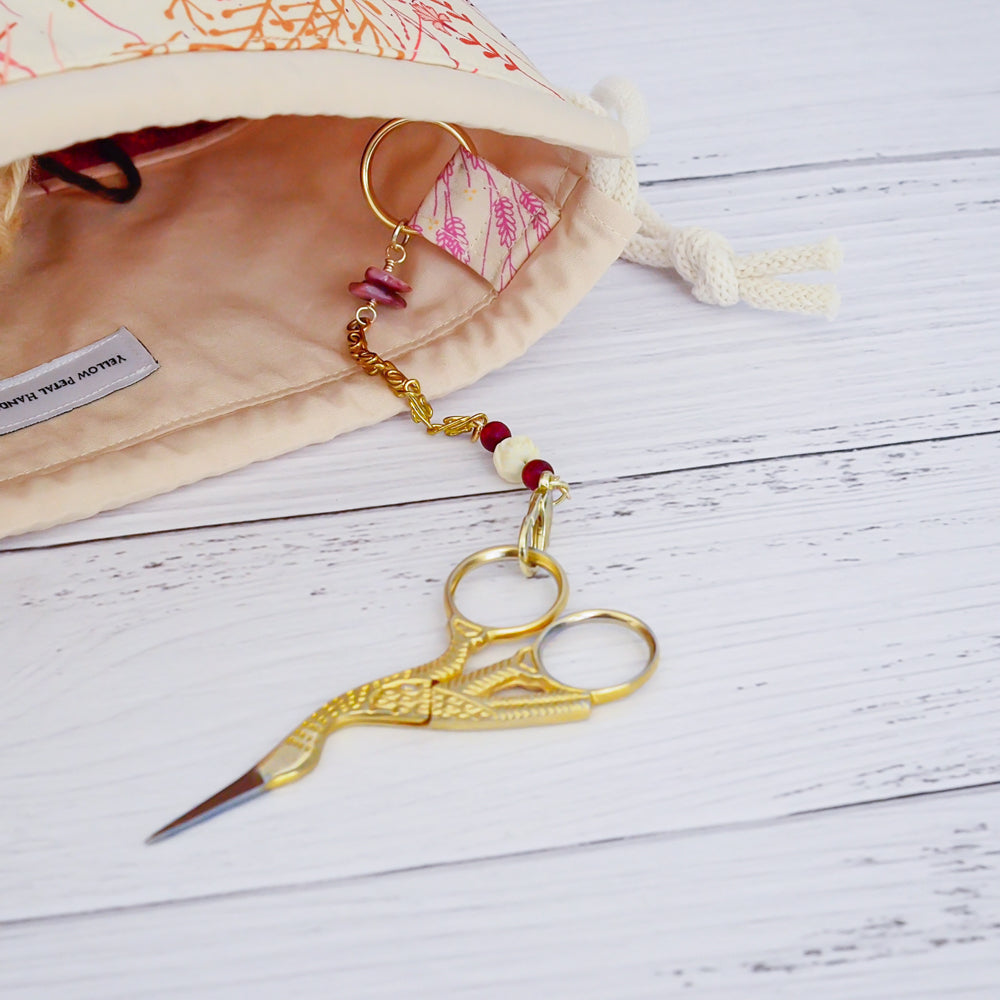 Pretty pink and cream floral knitting bag with scissor chain.  Handmade in Nova Scotia, Canada.