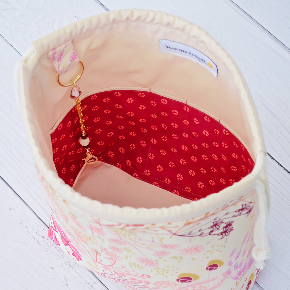 Pretty pink and cream floral knitting bag with scissor chain.  Handmade in Nova Scotia, Canada.