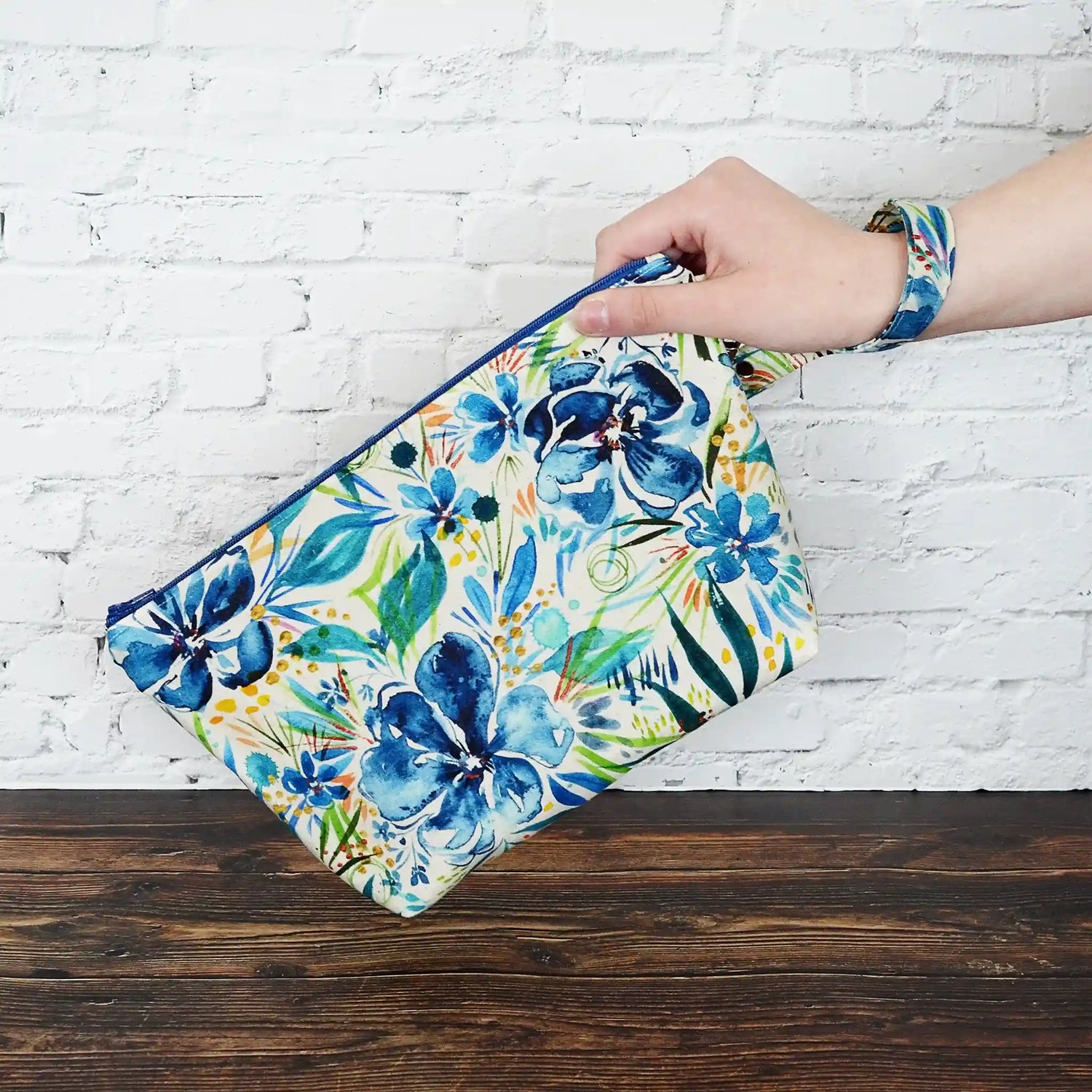 Watercolour print canvas zippered bag in blues and greens on natural canvas.  Made in Nova Scotia, Canada by Yellow Petal Handmade.