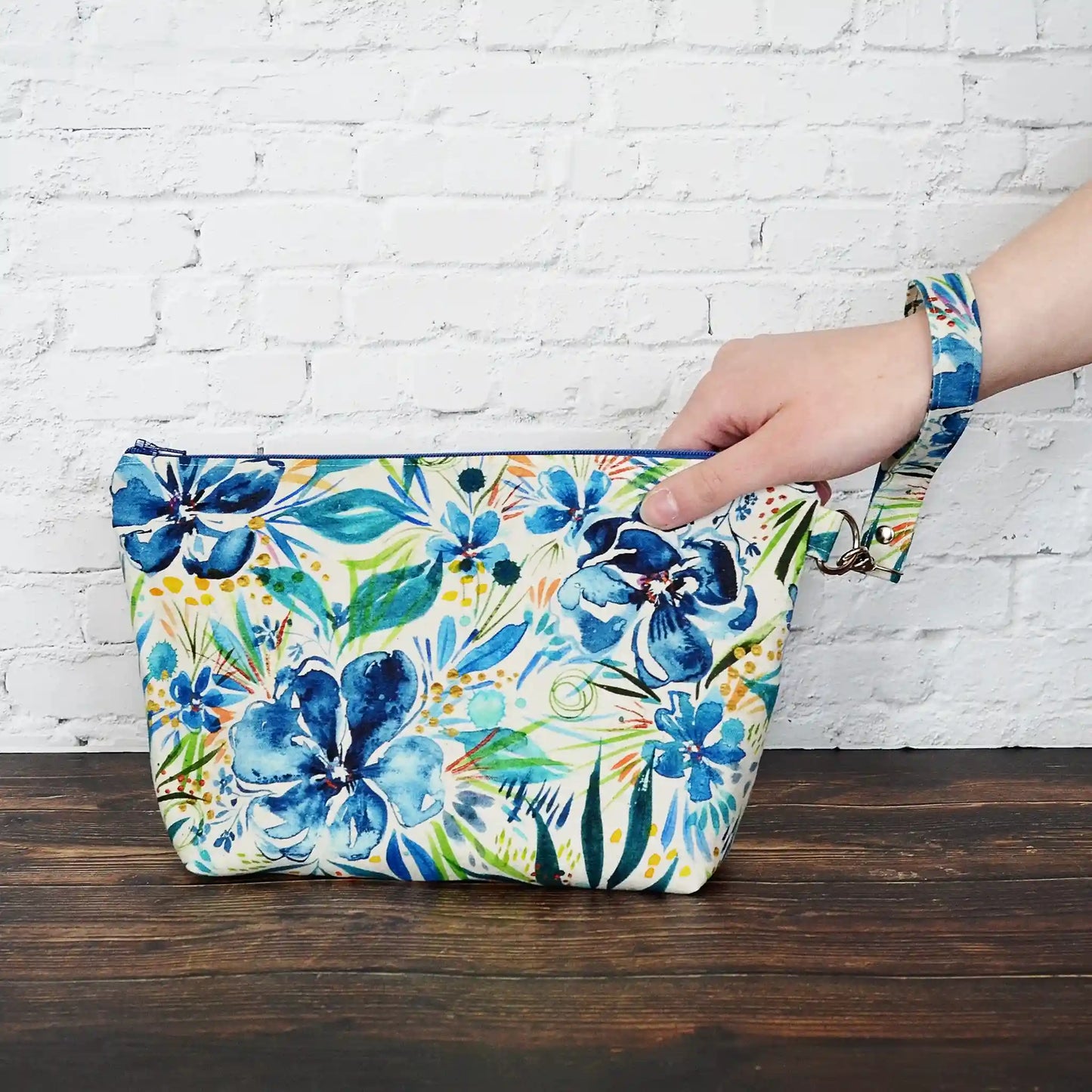 Watercolour print canvas zippered bag in blues and greens on natural canvas.  Made in Nova Scotia, Canada by Yellow Petal Handmade.