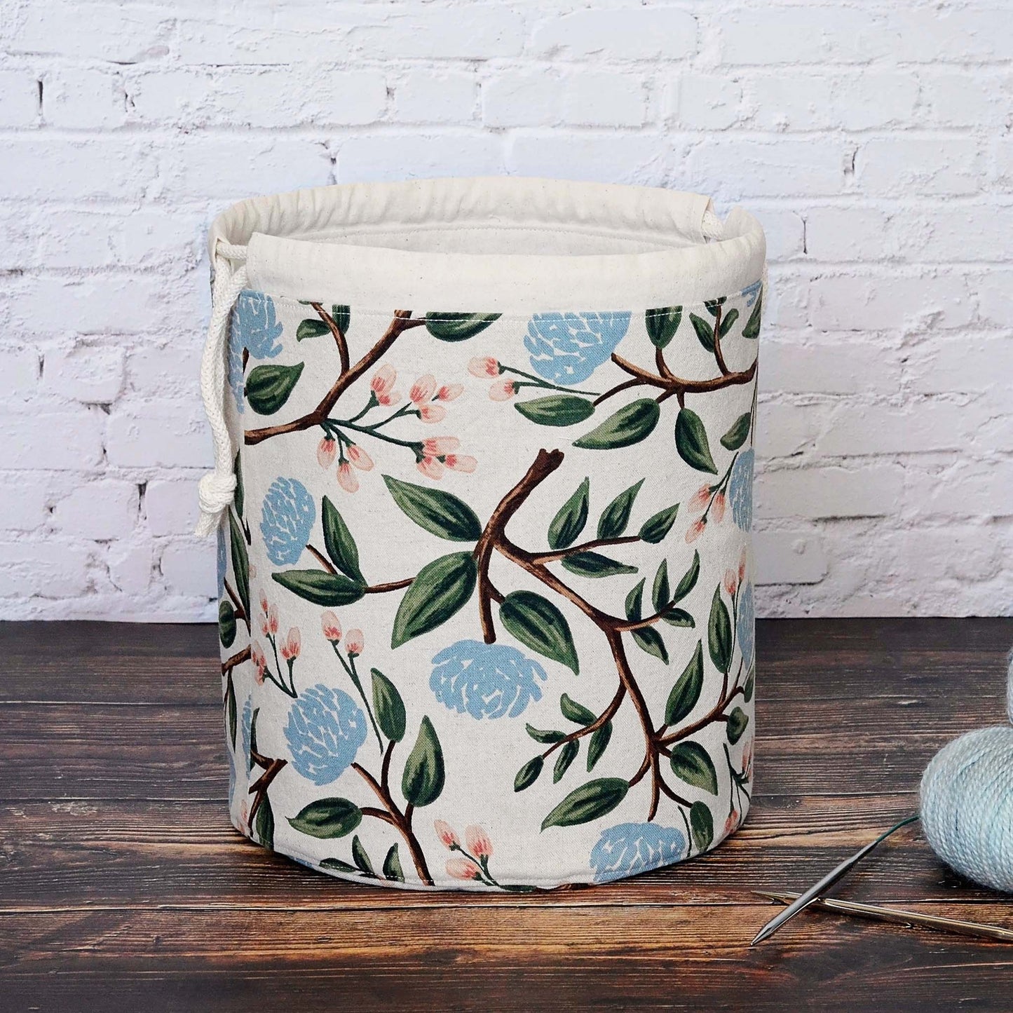 Peony canvas bucket bag in fabric from Rifle Paper Co.  Handmade in Canada by Yellow Petal Handmade.