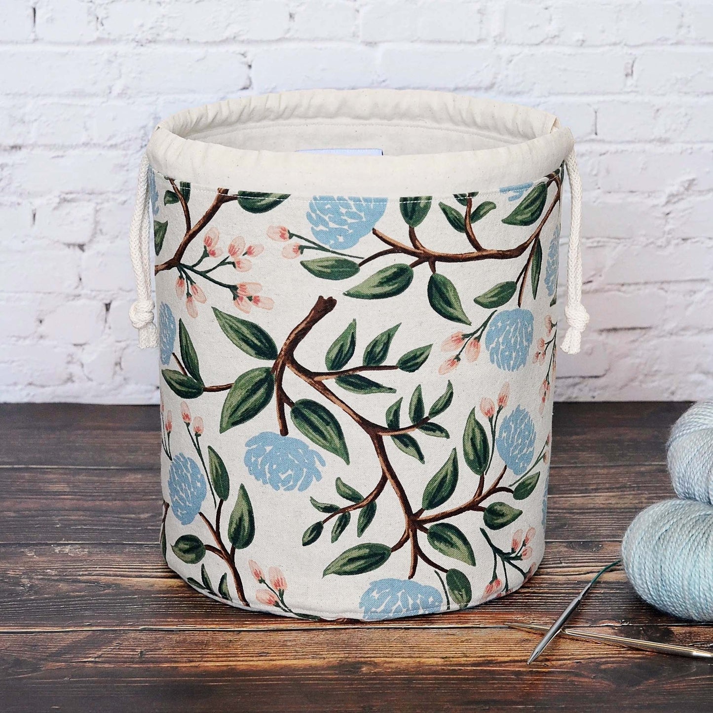 Peony canvas bucket bag in fabric from Rifle Paper Co.  Handmade in Canada by Yellow Petal Handmade.