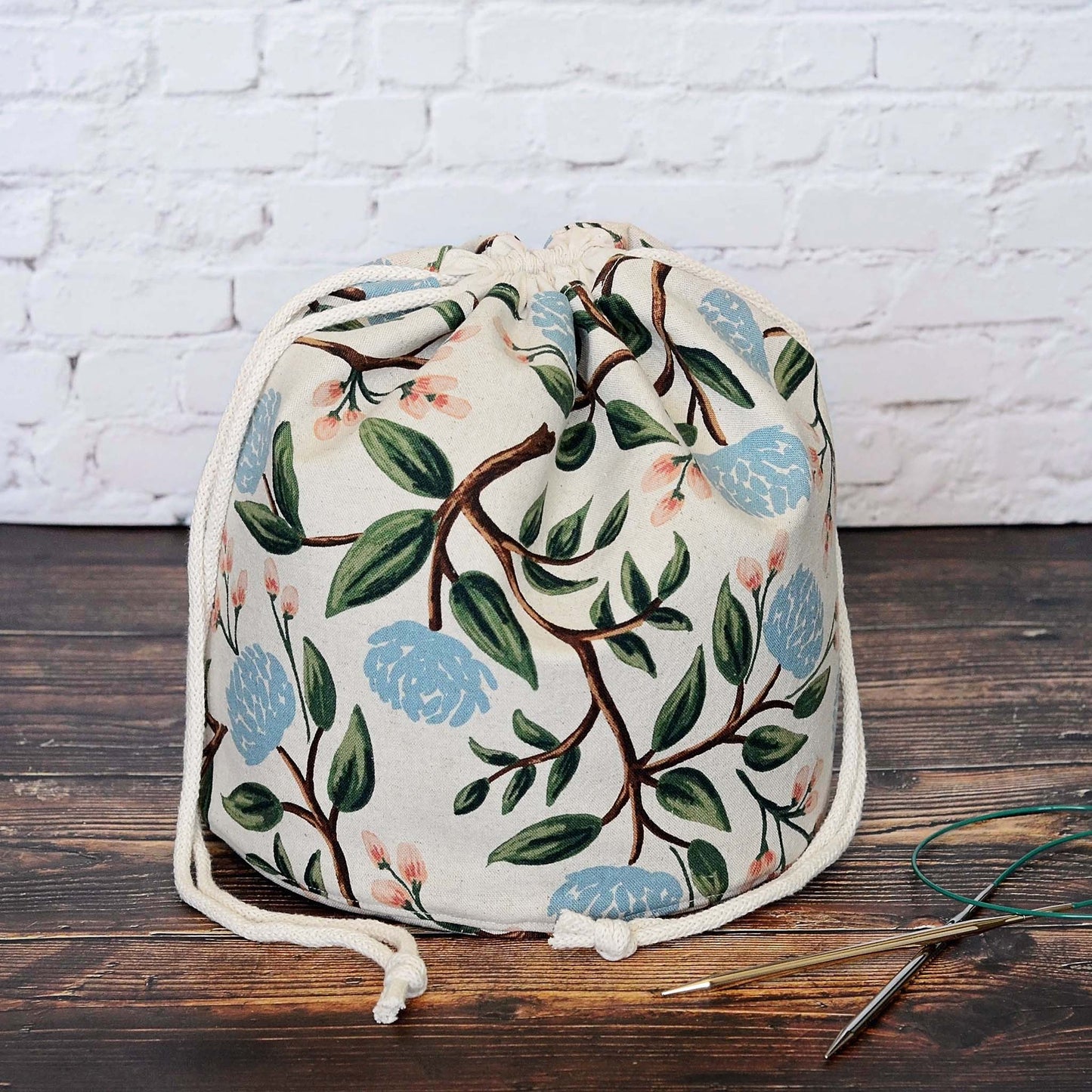 Peony canvas bucket bag in fabric from Rifle Paper Co.  Handmade in Canada by Yellow Petal Handmade.