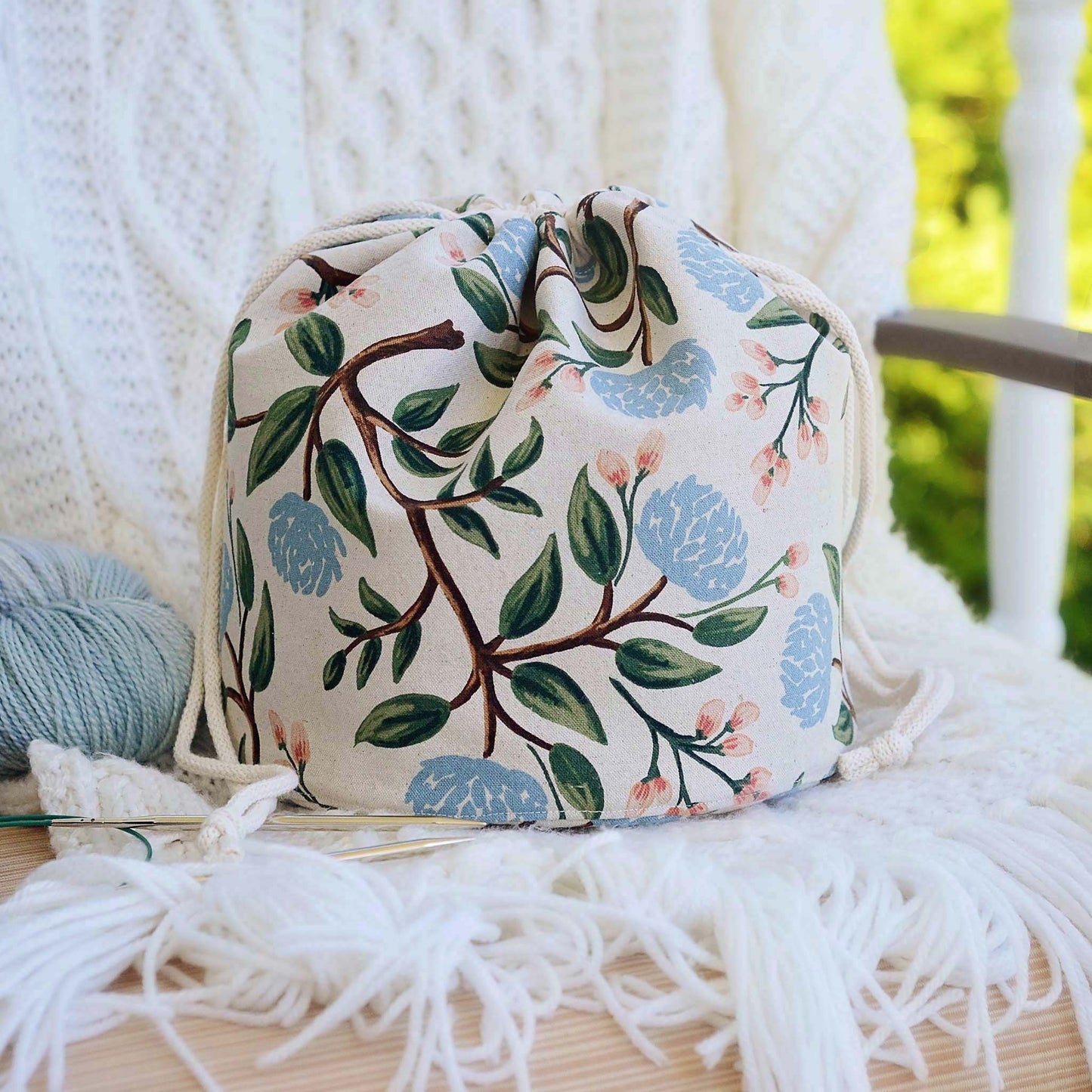 Peony canvas bucket bag in fabric from Rifle Paper Co.  Handmade in Canada by Yellow Petal Handmade.