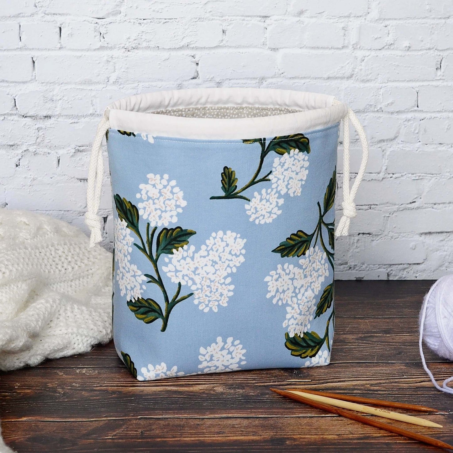 Pretty Drawstring Project Bag with Pockets in Pale Blue Hydrangeas