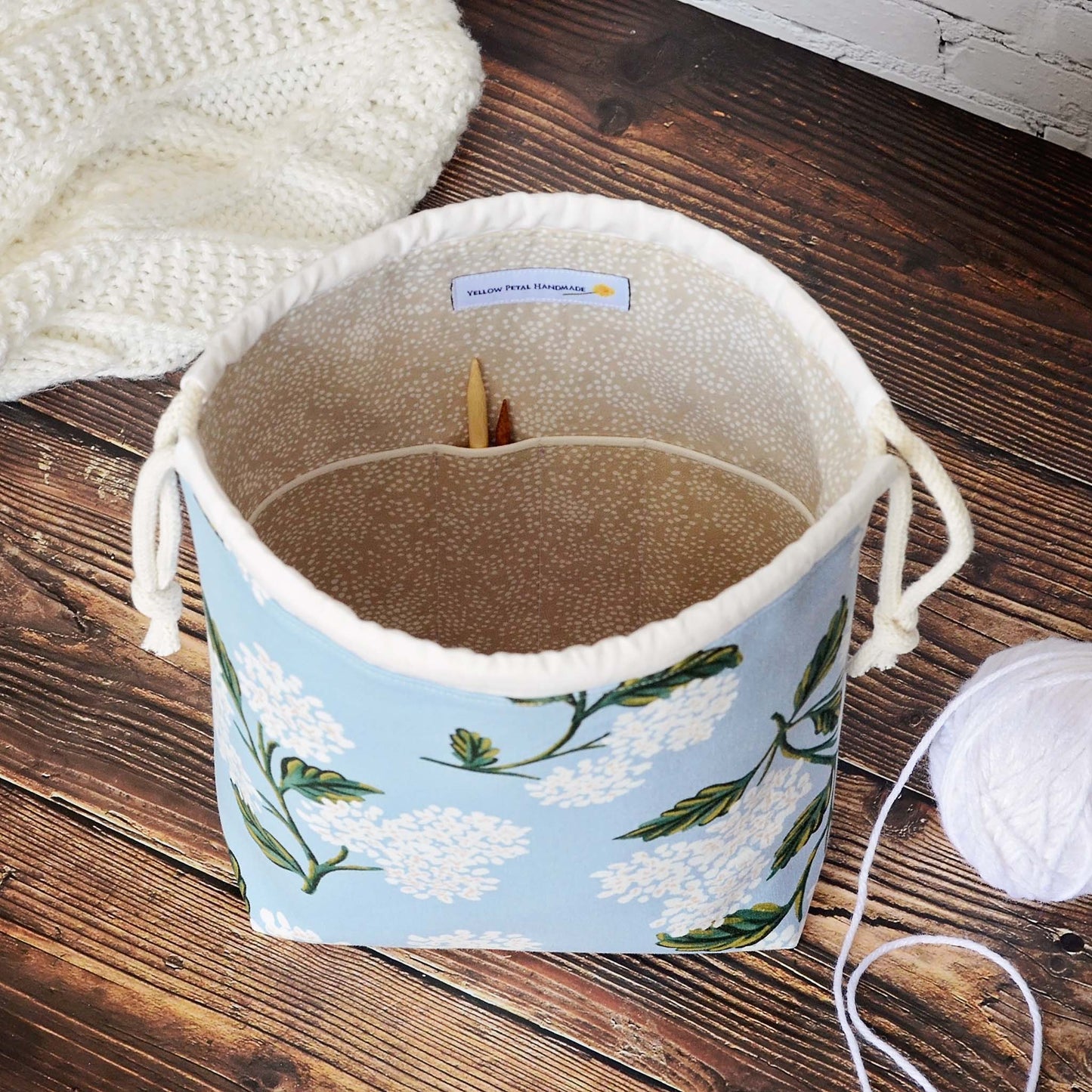 Pretty Drawstring Project Bag with Pockets in Pale Blue Hydrangeas