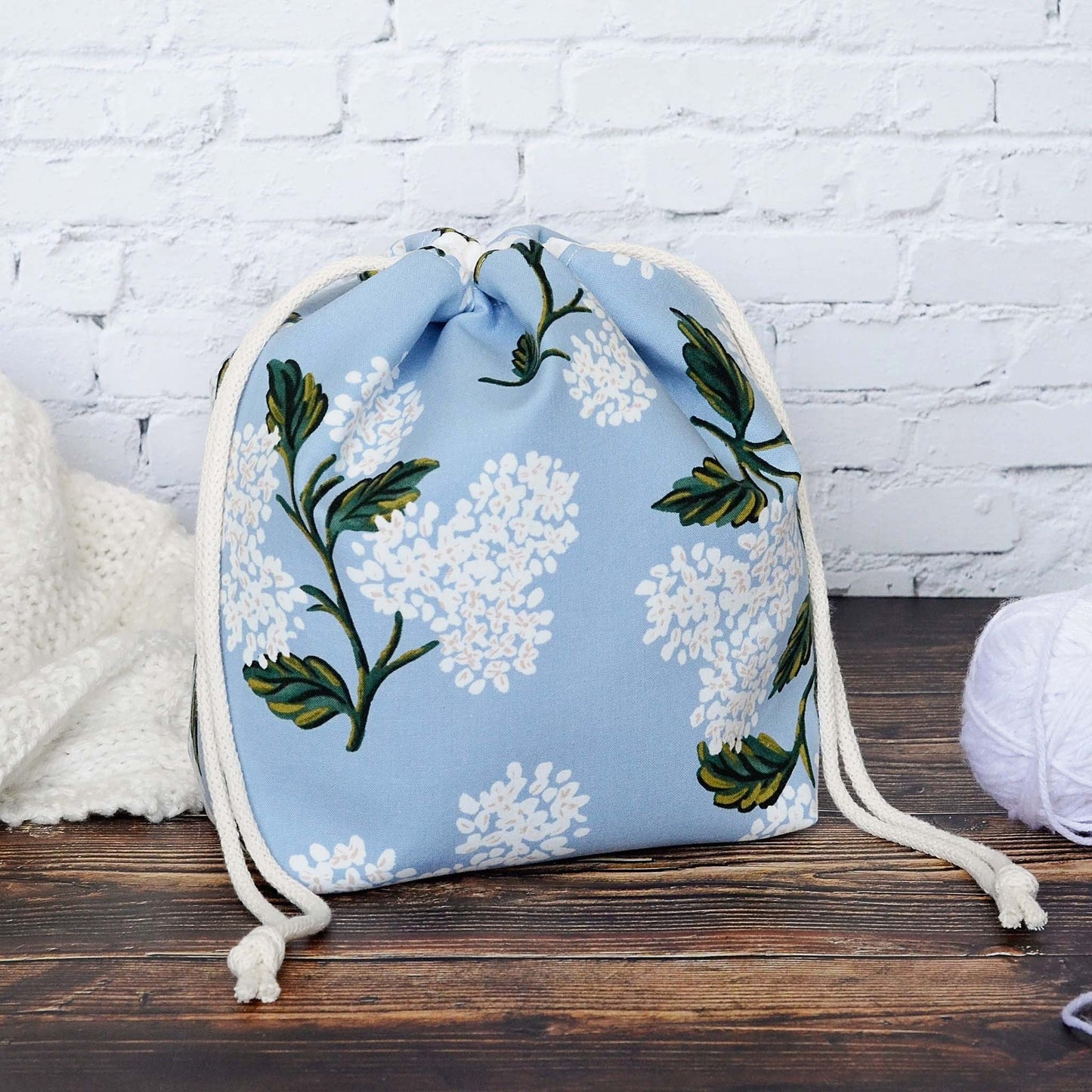 Pretty Drawstring Project Bag with Pockets in Pale Blue Hydrangeas