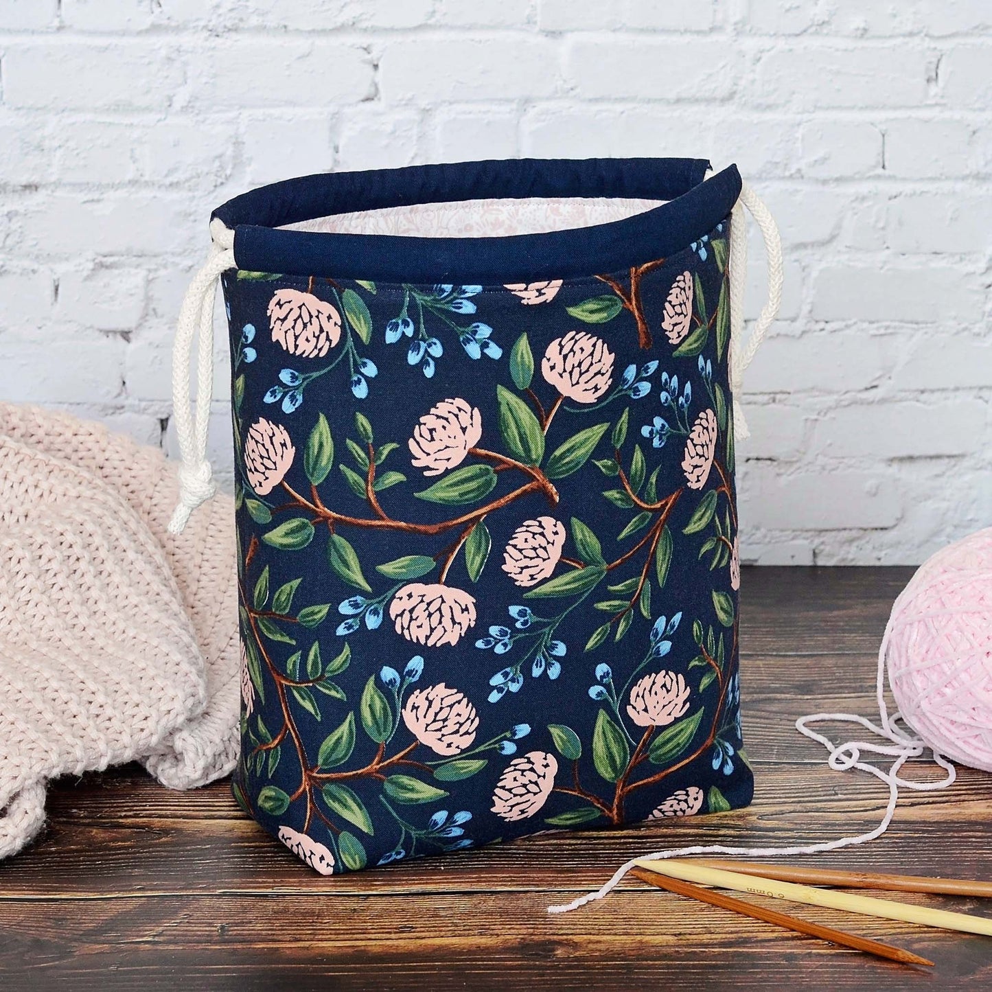 Navy floral drawstring project bag in Rifle Paper Co Peonies cotton.  Made in Canada by Yellow Petal Handmade.