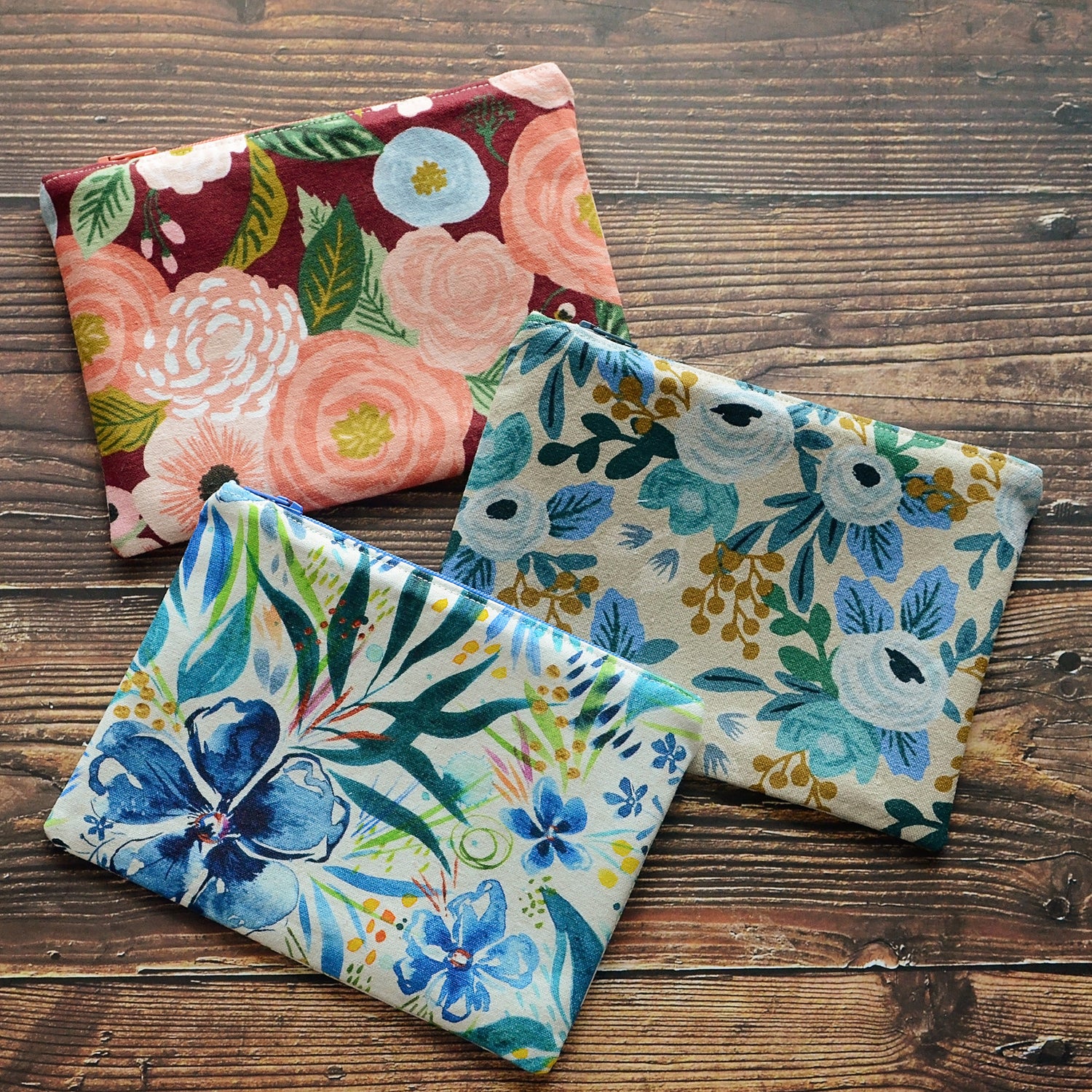 Zippered Linen Accessory pouches in three fabrics.