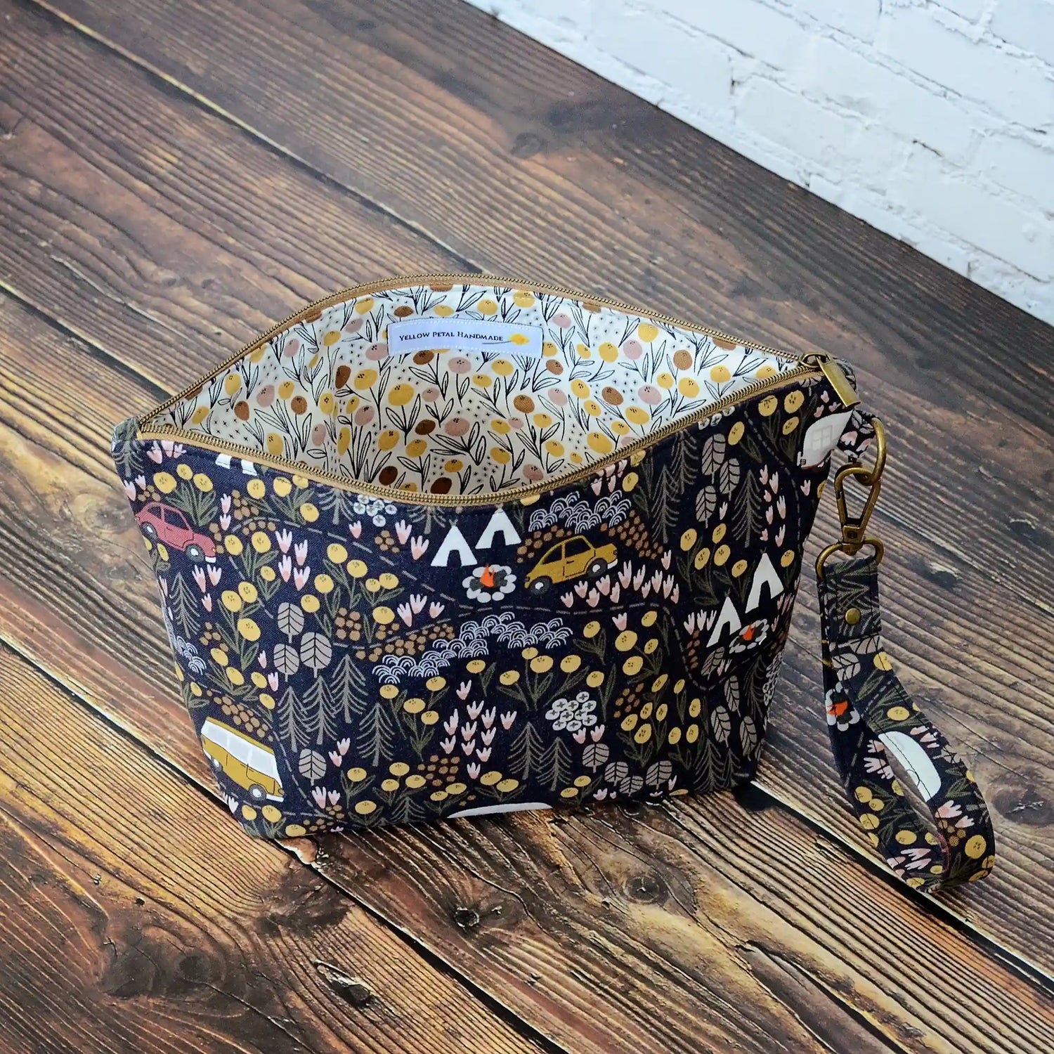 Small zippered project bag in camping fabric.  Made in Canada by Yellow Petal Handmade.