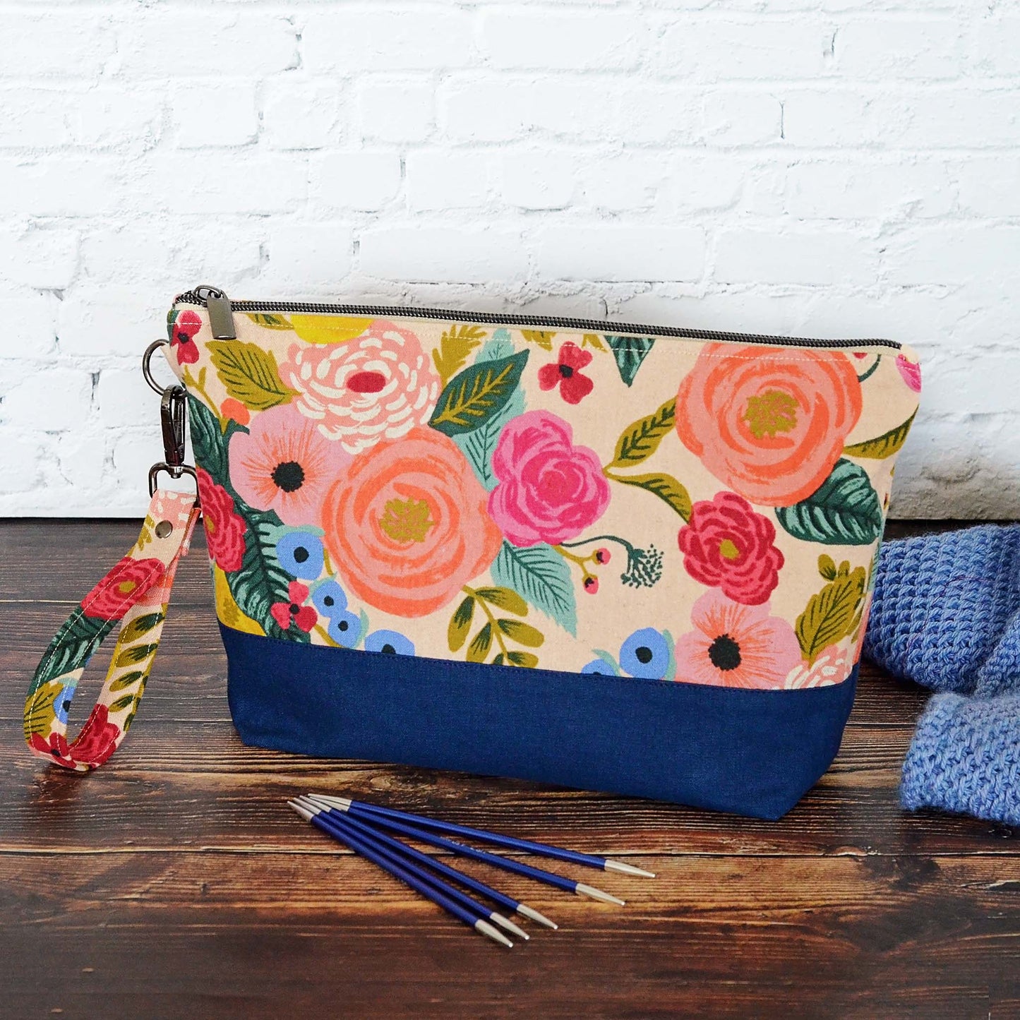 Zippered project bags in Rifle Paper Co Canvas print with linen bottoms and lined in pretty cotton fabrics.  Each have removable straps.  Made in Canada by Yellow Petal Handmade.