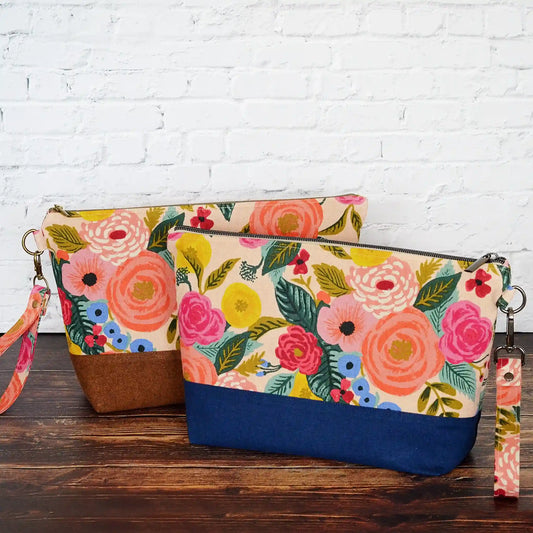 Zippered project bags in Rifle Paper Co Canvas print with linen bottoms and lined in pretty cotton fabrics.  Each have removable straps.  Made in Canada by Yellow Petal Handmade.
