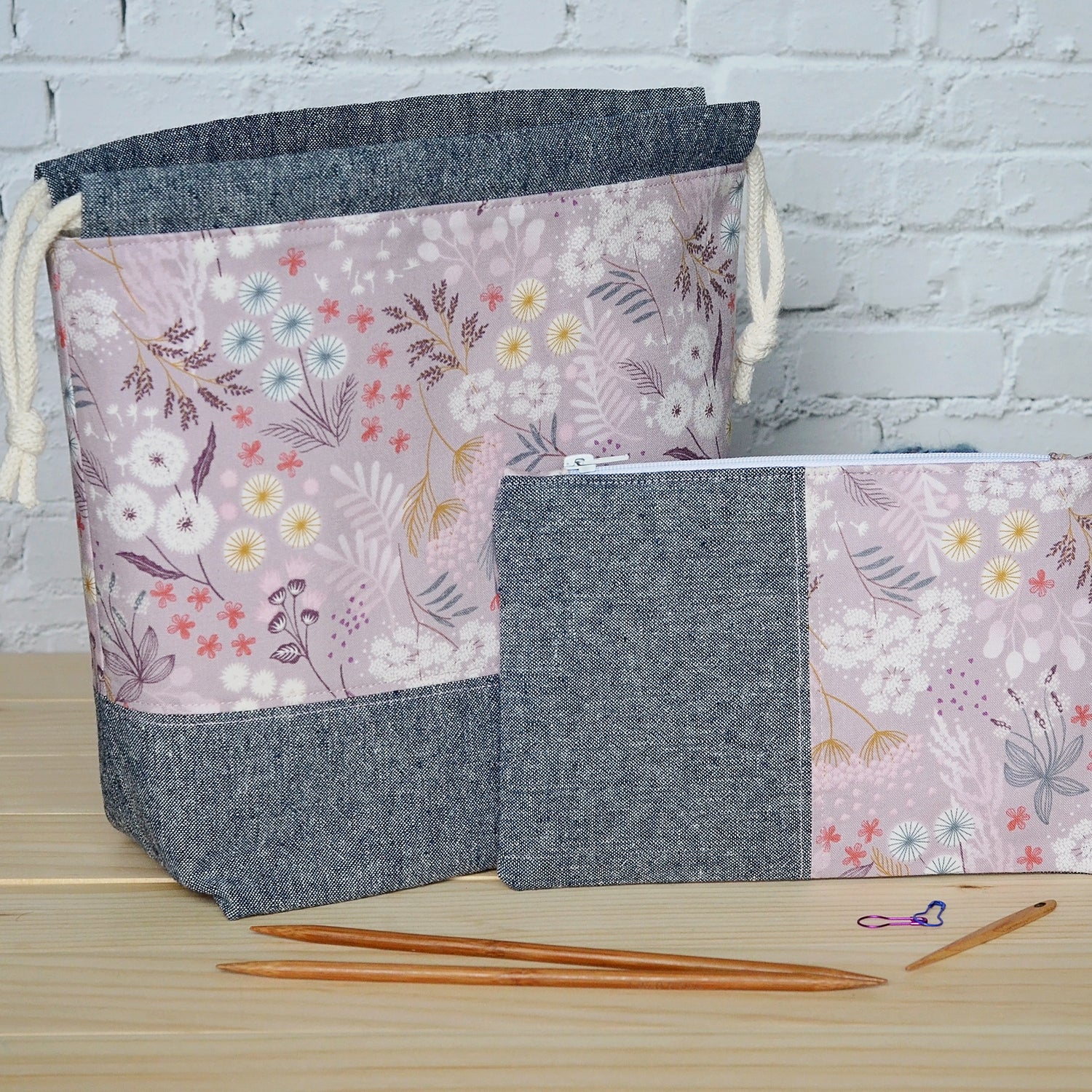 Mauve floral and indigo linen knitting project bag and pouch set.