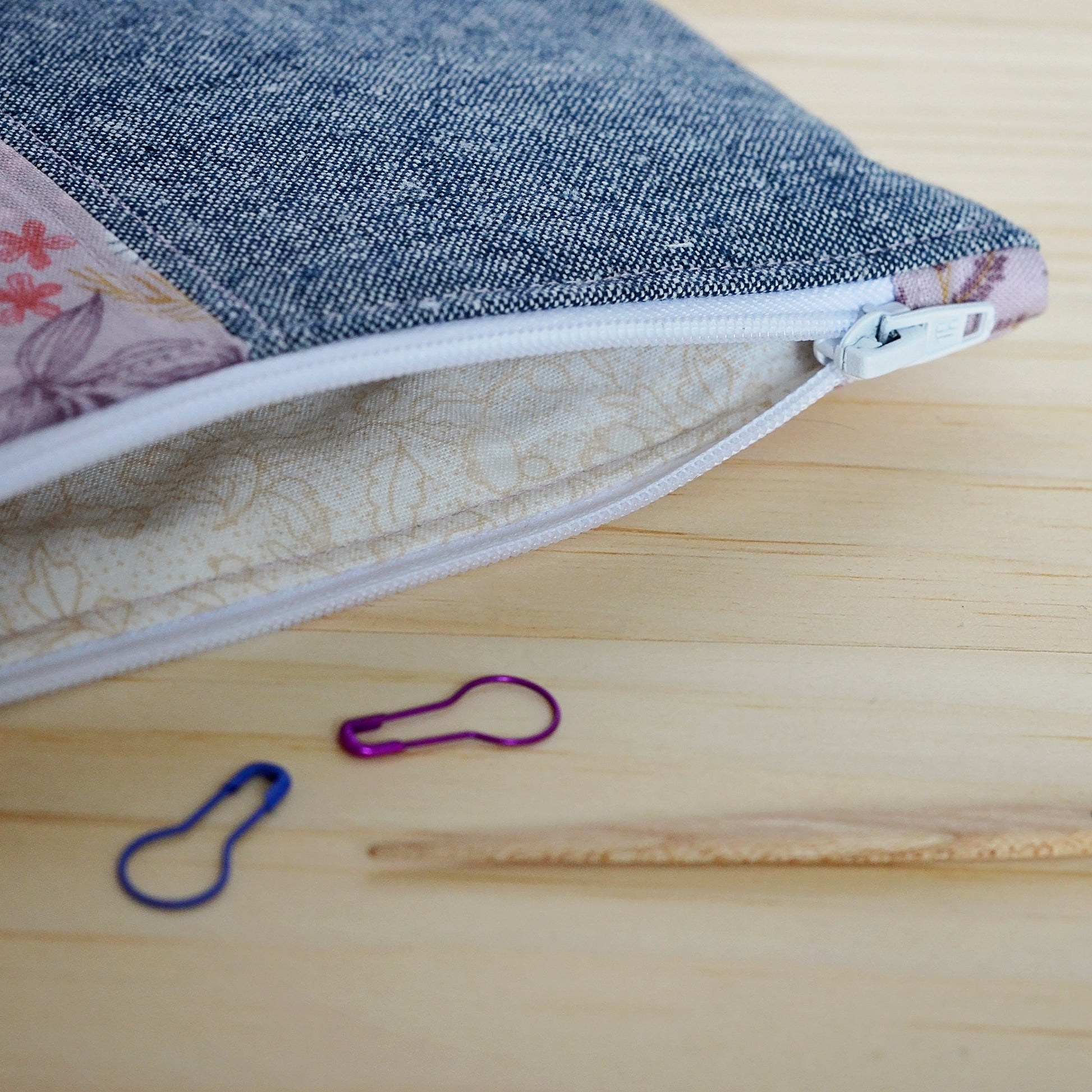 Mauve floral and indigo linen knitting accessory pouch.  Made in Nova Scotia, Canada by Yellow Petal Handamde.