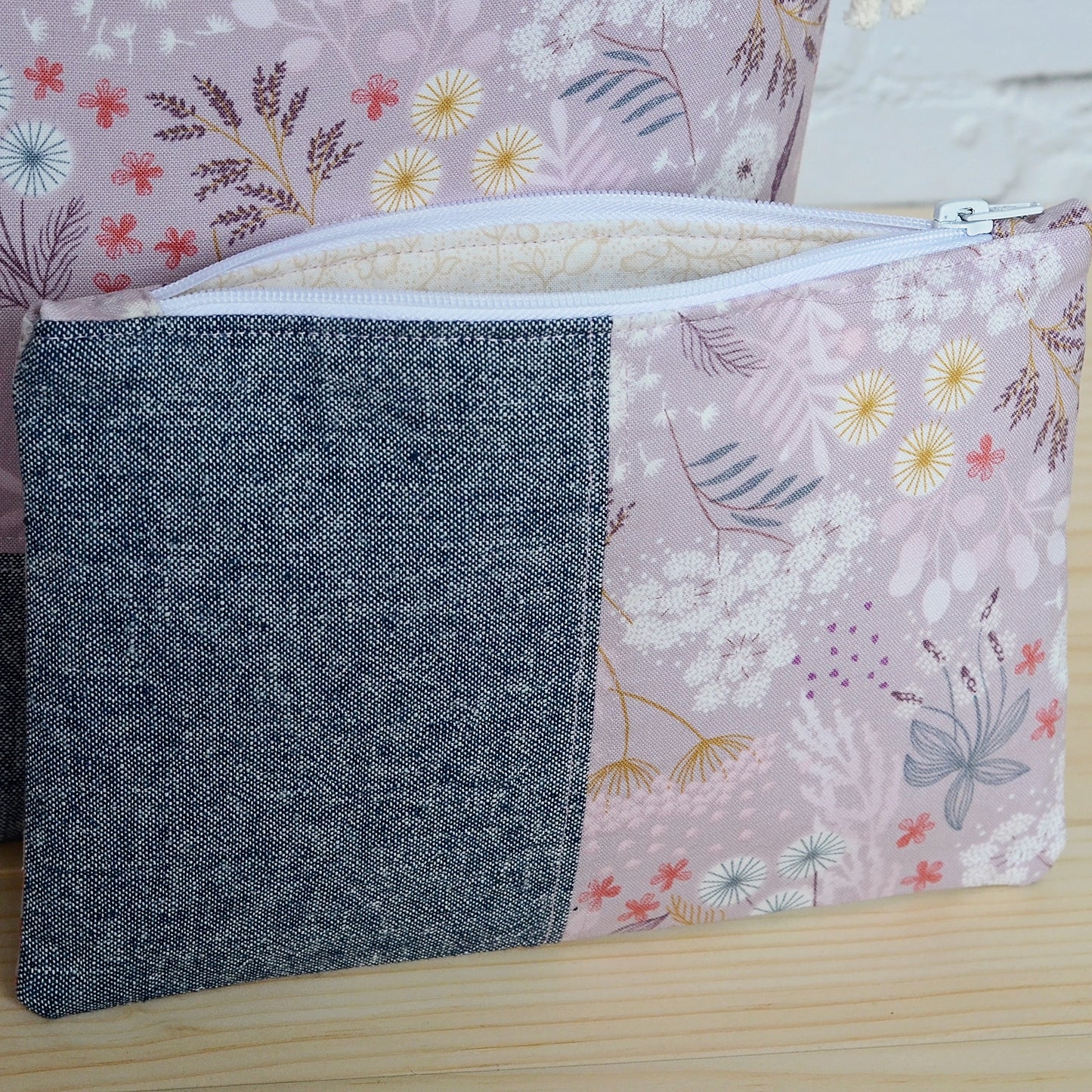 Mauve floral and indigo linen knitting pouch.