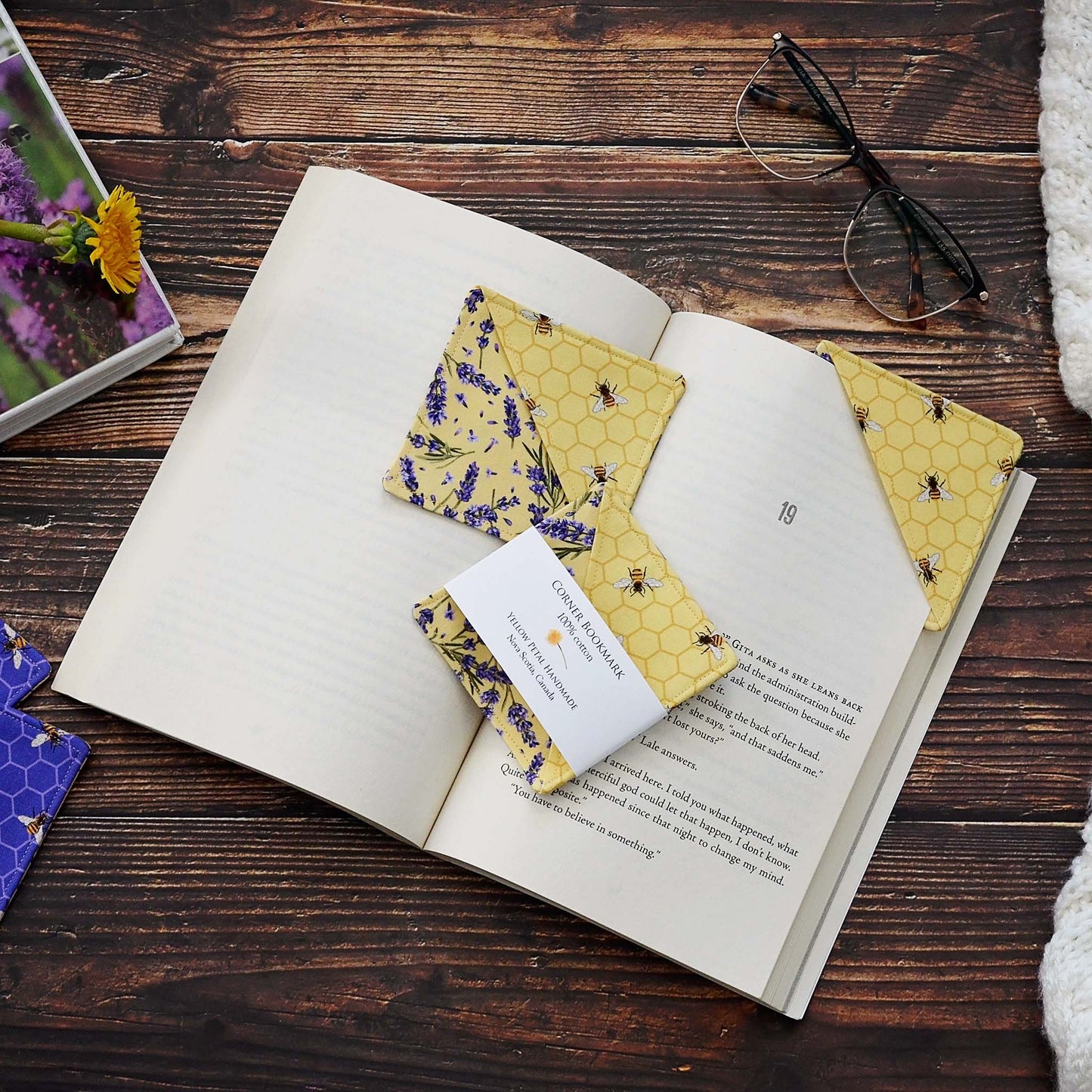 Pretty purple and yellow bee corner bookmarks made from 100% cotton.  Made in Canada by Yellow Petal Handmade.