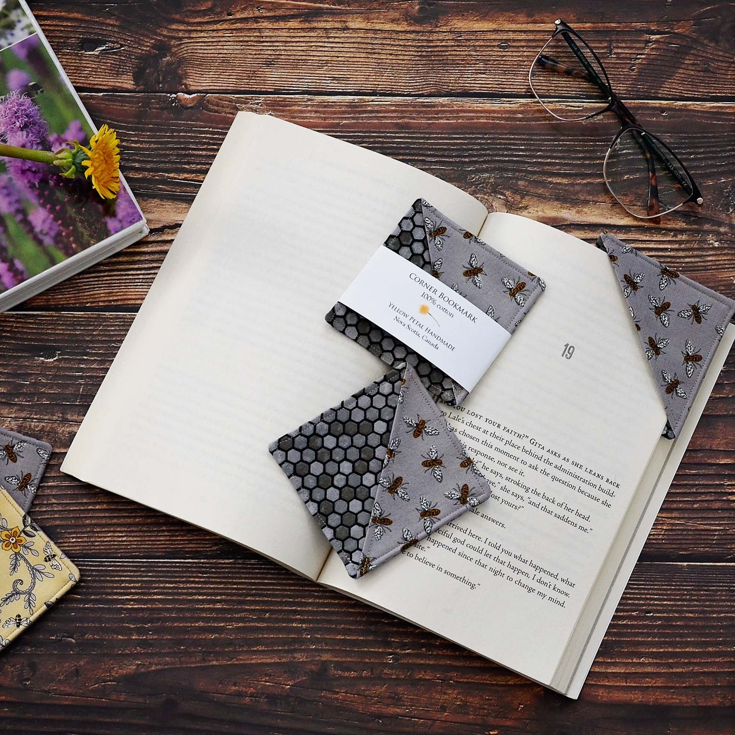 Pretty grey corner bookmarks in a bee theme.  Made in Canada.