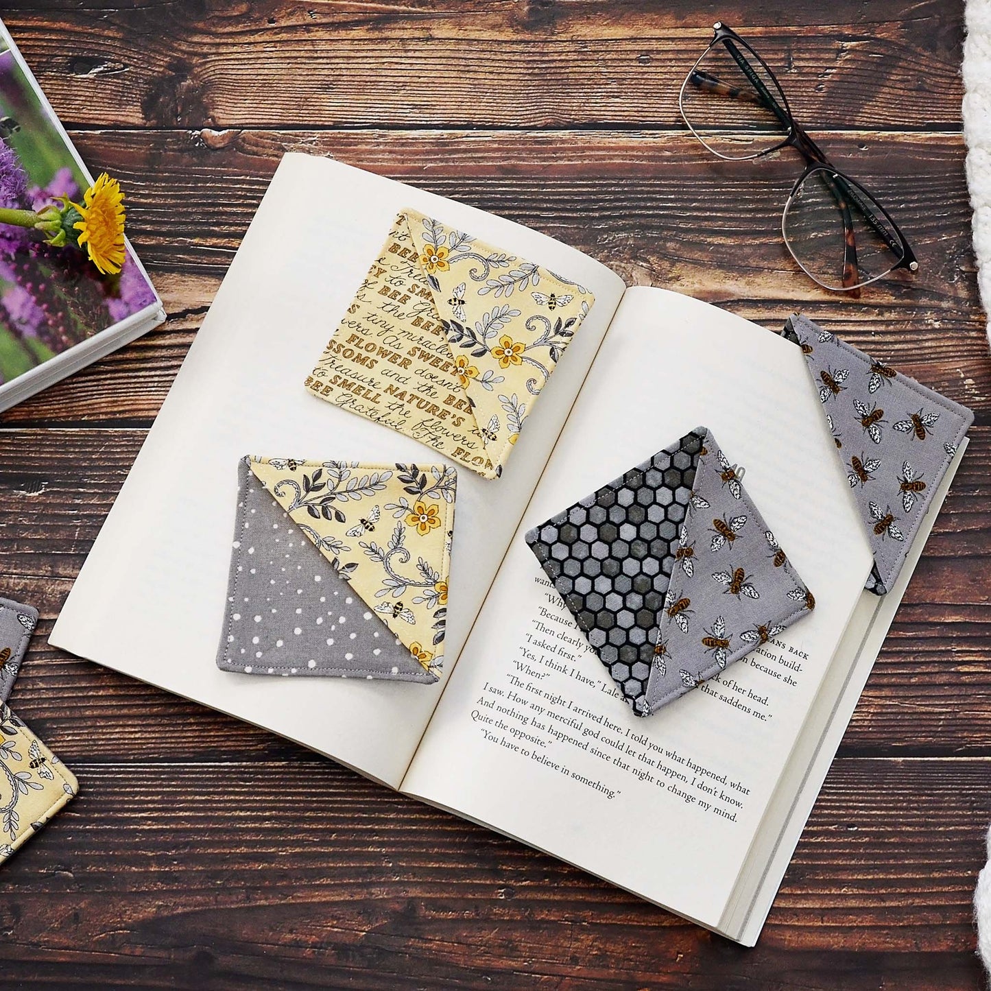 Bee Bookmarks in a pretty selection of yellow and grey fabrics.  Made in Canada by Yellow Petal Handmade.