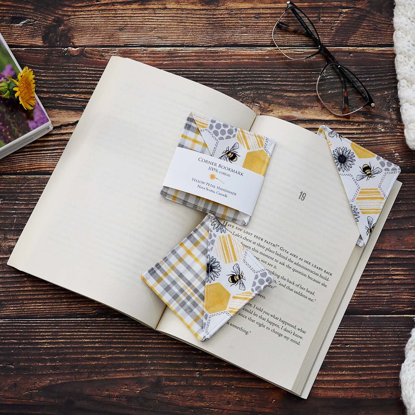 Fun bee corner bookmarks in three fabric choices, yellow, charcoal and plaid.  These make a great bee gift!  Made in Canada by Yellow Petal Handmade.