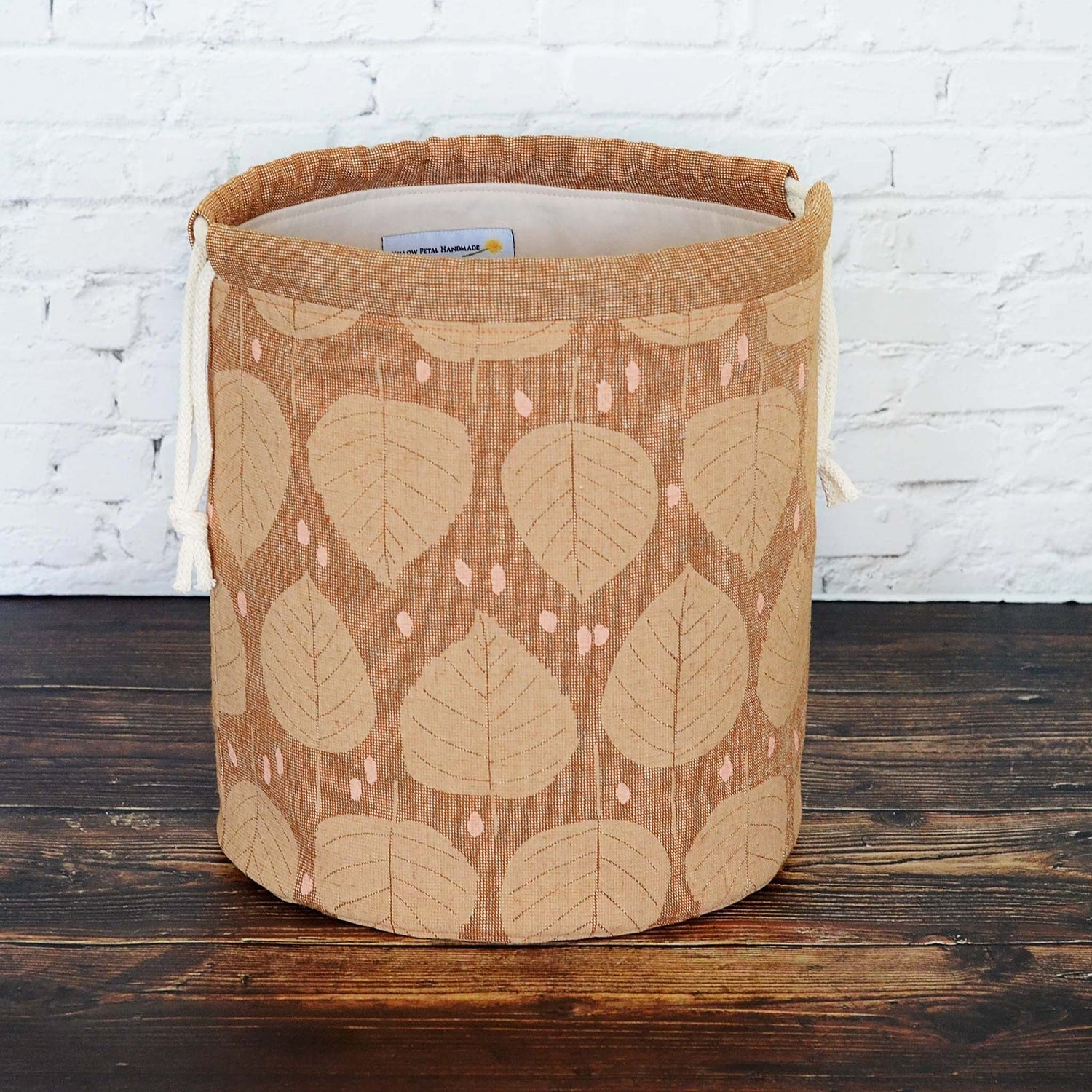 Brown linen knitting bag with leaves pattern. Made in Canada by Yellow Petal Handmade.