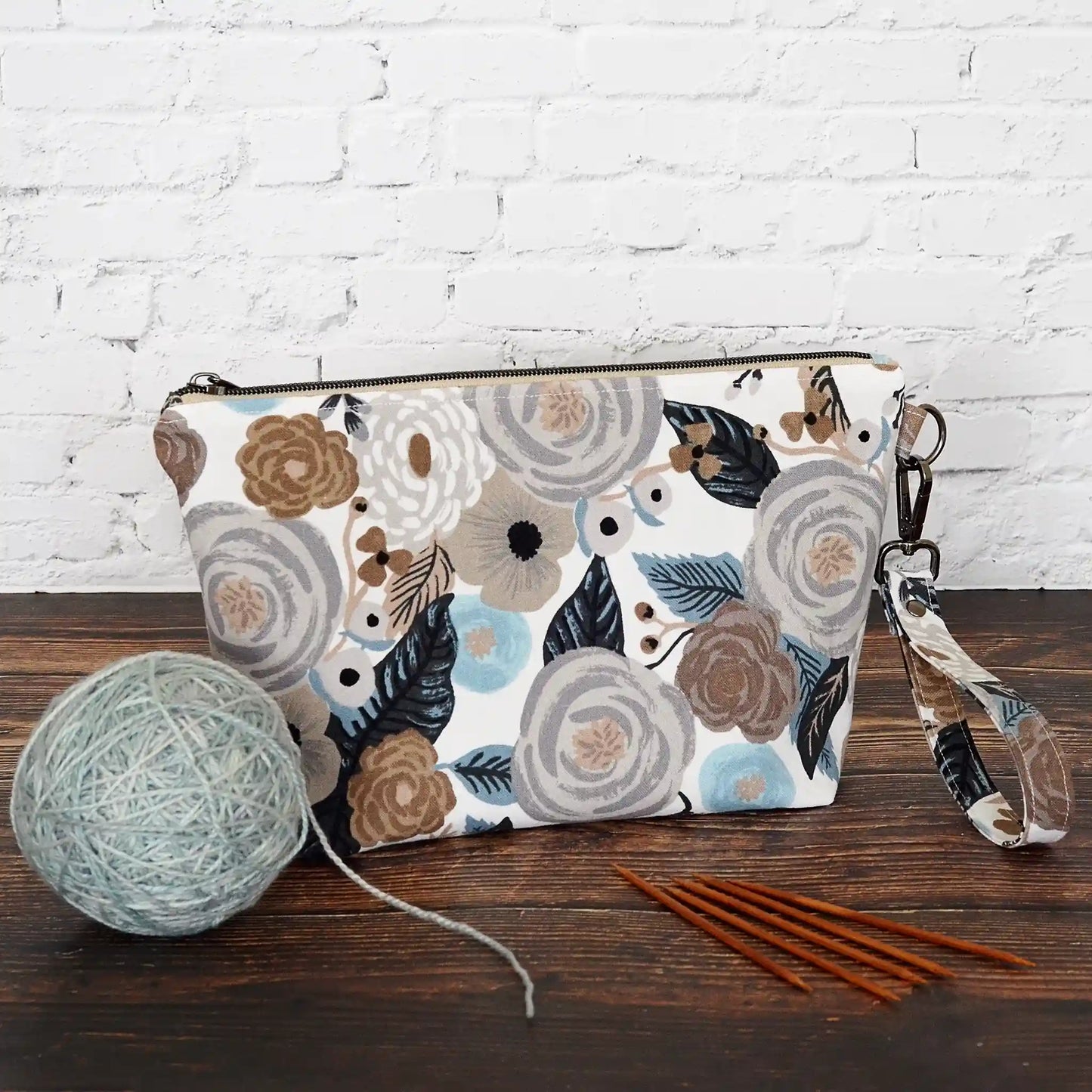 Grey and white floral canvas zippered pouch in Rifle Paper Co.  Made in Nova Scotia, Canada by Yellow Petal Handmade.