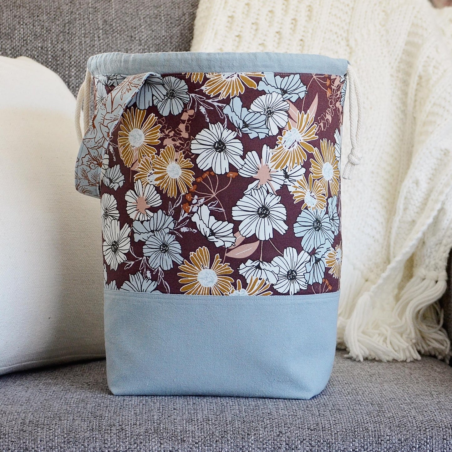 Large knitting bag with pockets and grab handle, made in beautiful floral fabric.  Made by Yellow Petal Handmade in Canada.