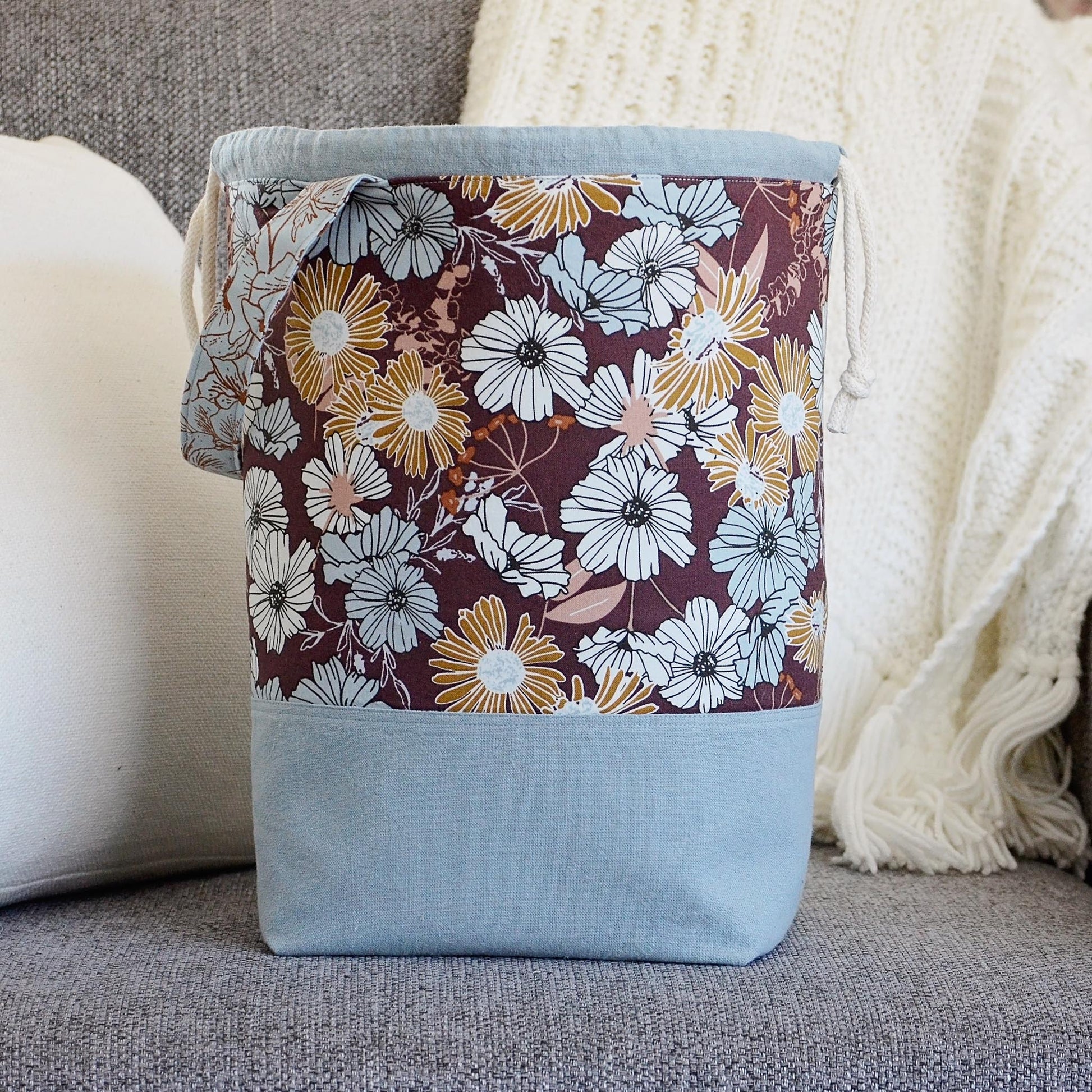 Large knitting bag with pockets and grab handle, made in beautiful floral fabric.  Made by Yellow Petal Handmade in Canada.