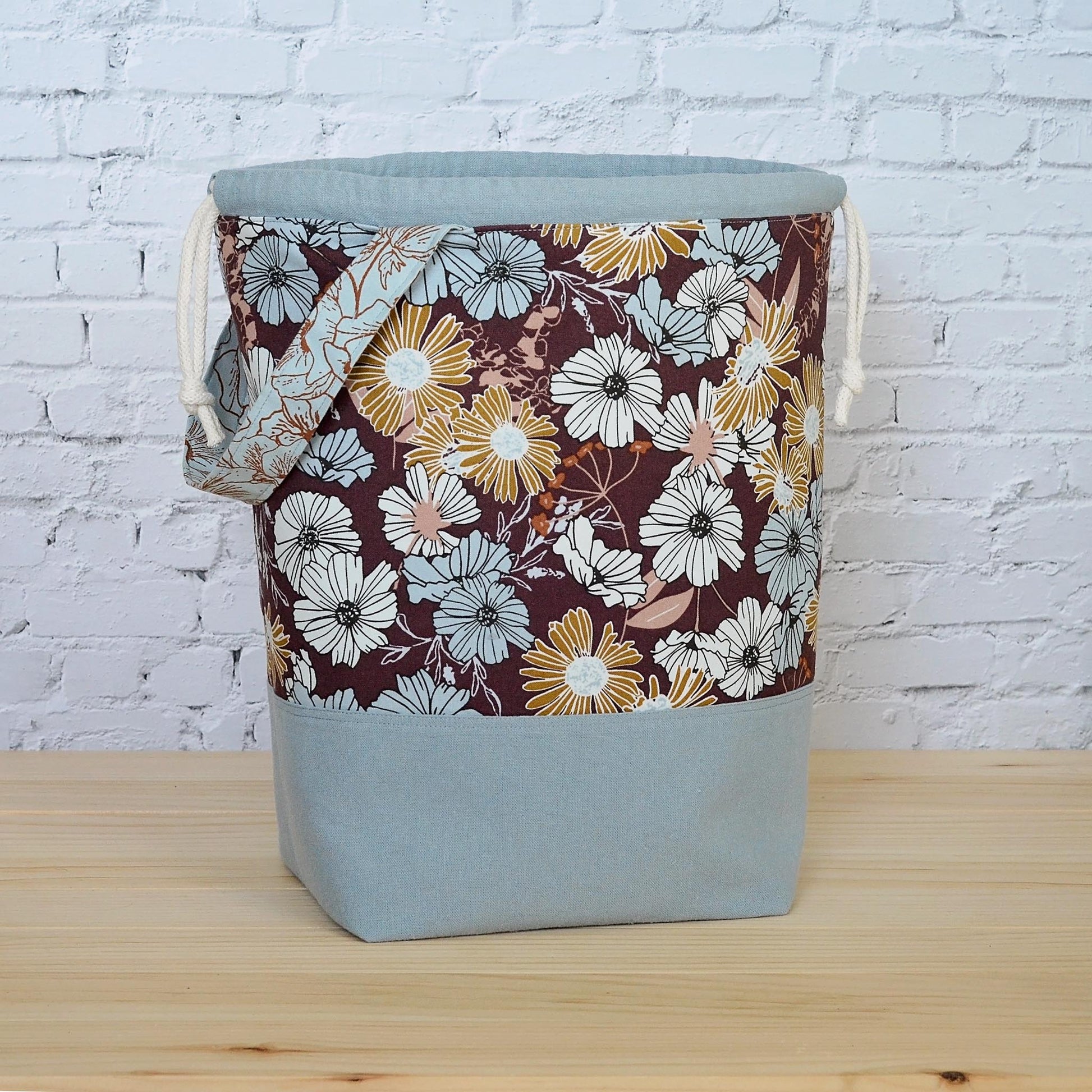 Large knitting bag with pockets and grab handle, made in beautiful floral fabric.  Made by Yellow Petal Handmade in Canada.